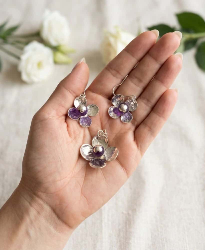 Set Flor de Mangostino con Amatista Natural en Plata Ley 950