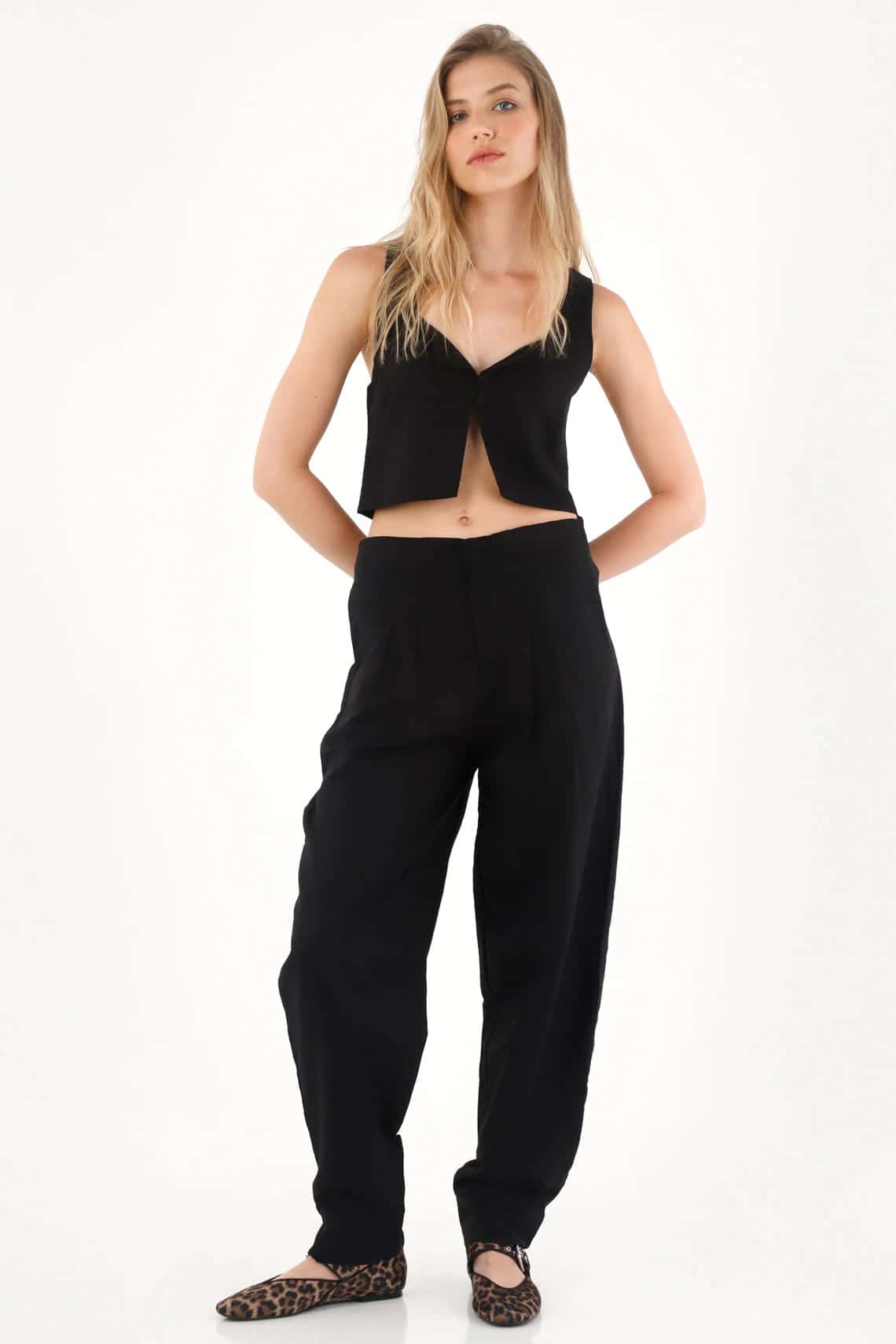 Pantalón chino en 100% lino negro para mujer
