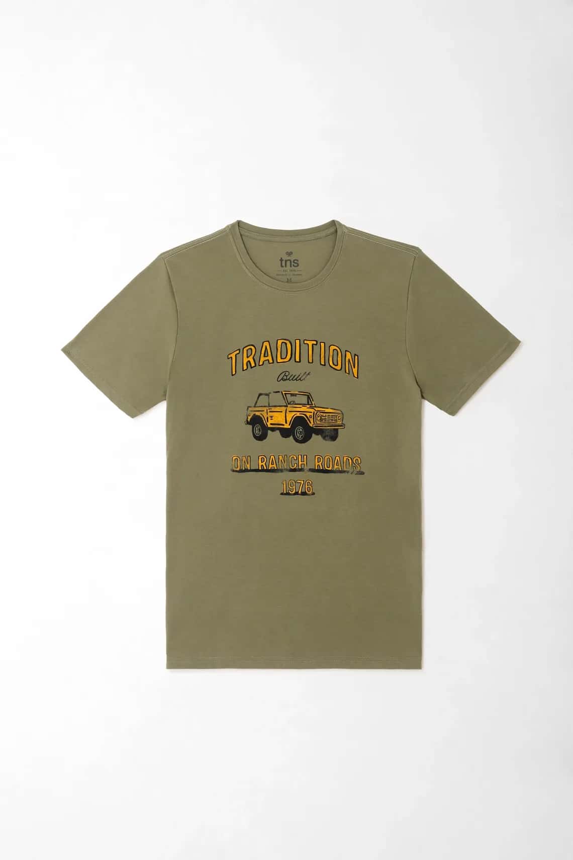 Camiseta gráfica para hombre algodón verde oliva regular fit 1976