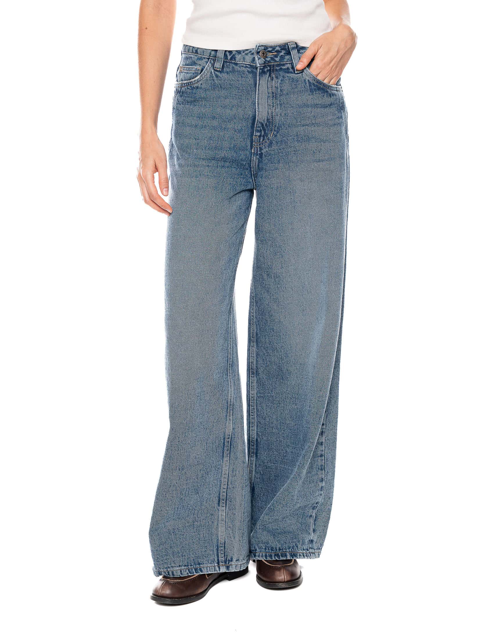 Jeans Wide Leg Tiro Alto Denim Indigo