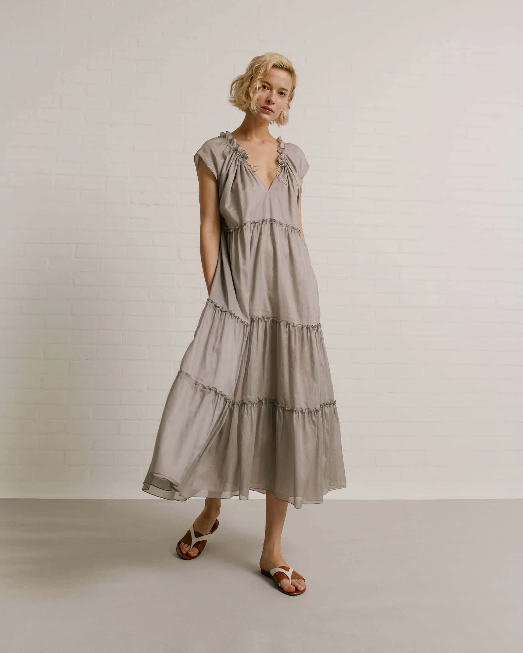 Sleeveless Ruffled Cotton Voile Midi Dress