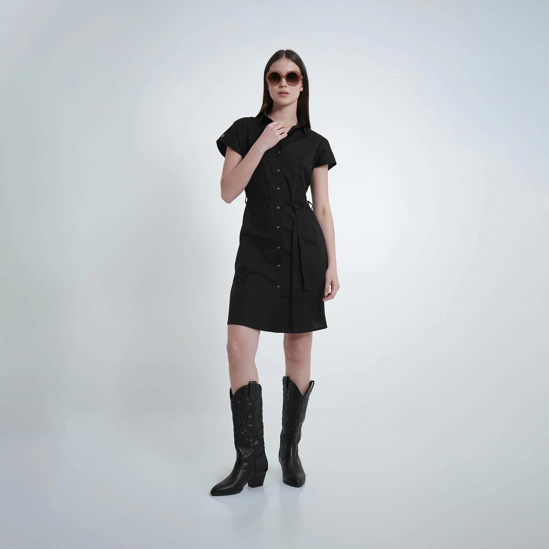 Vestido corto manga corta rodada cuello camisero con lazo