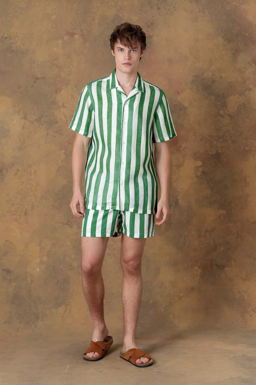 Men's linen shirt bowling spina striped green