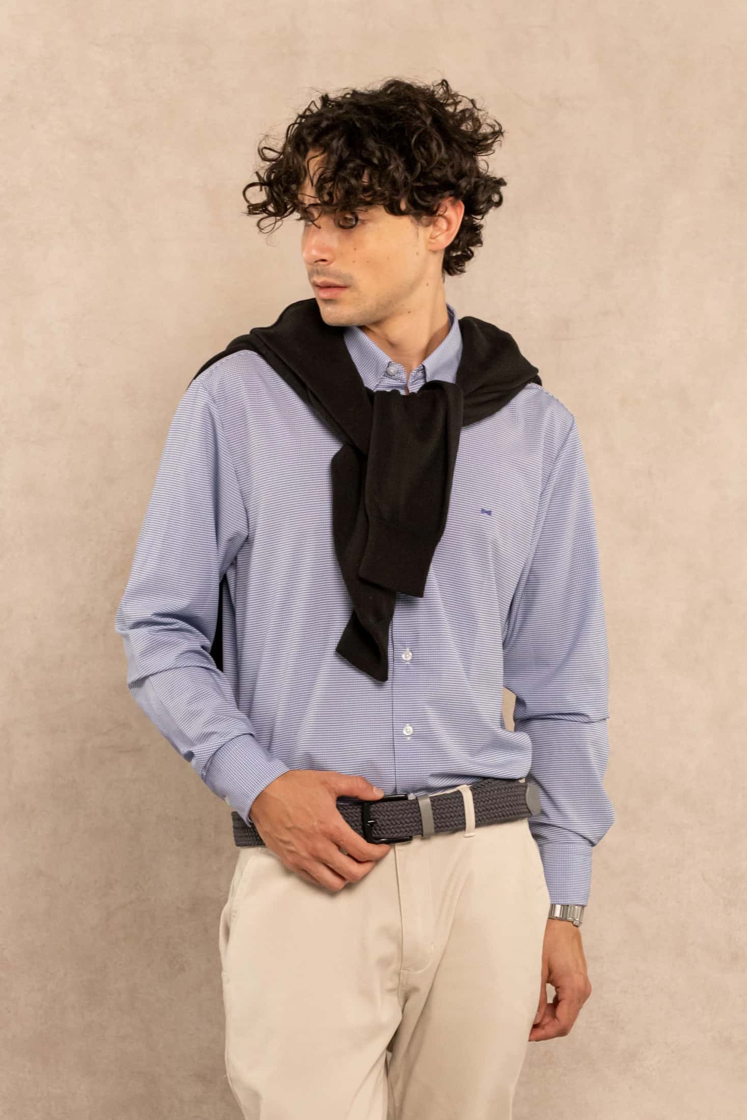 Camisa Performance Antiarrugas Cuadros Textura Azul Oscuro