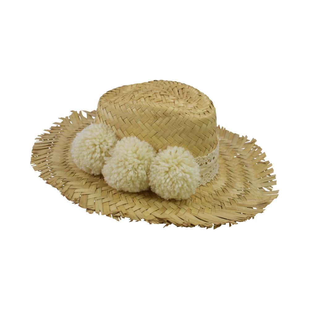 Straw Hat with Pom-Poms
