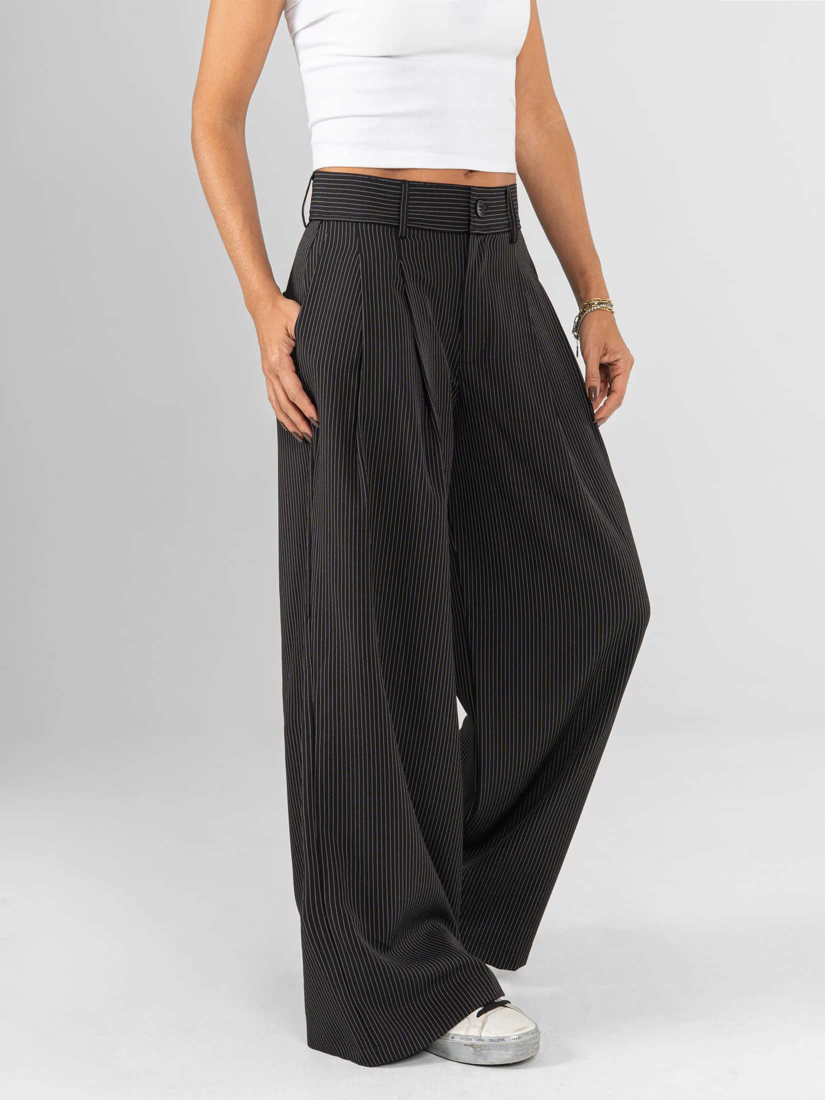 Ref: 0620462 Pantalón palazzo, stretch, tejido plano liviano, rayas, tiro alto, tono negro - miniatura 4