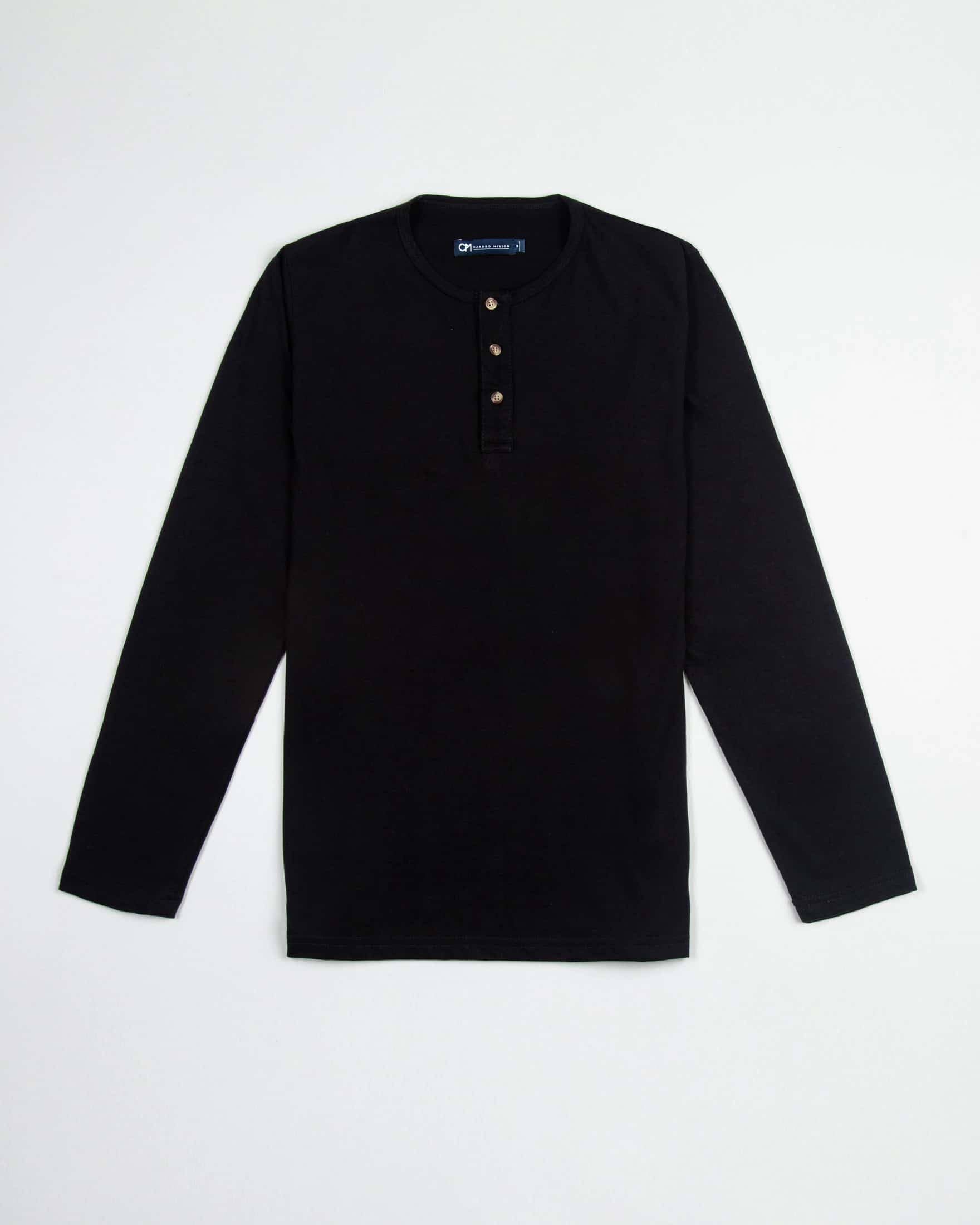 Camiseta Henley Manga Larga Algodón Negro