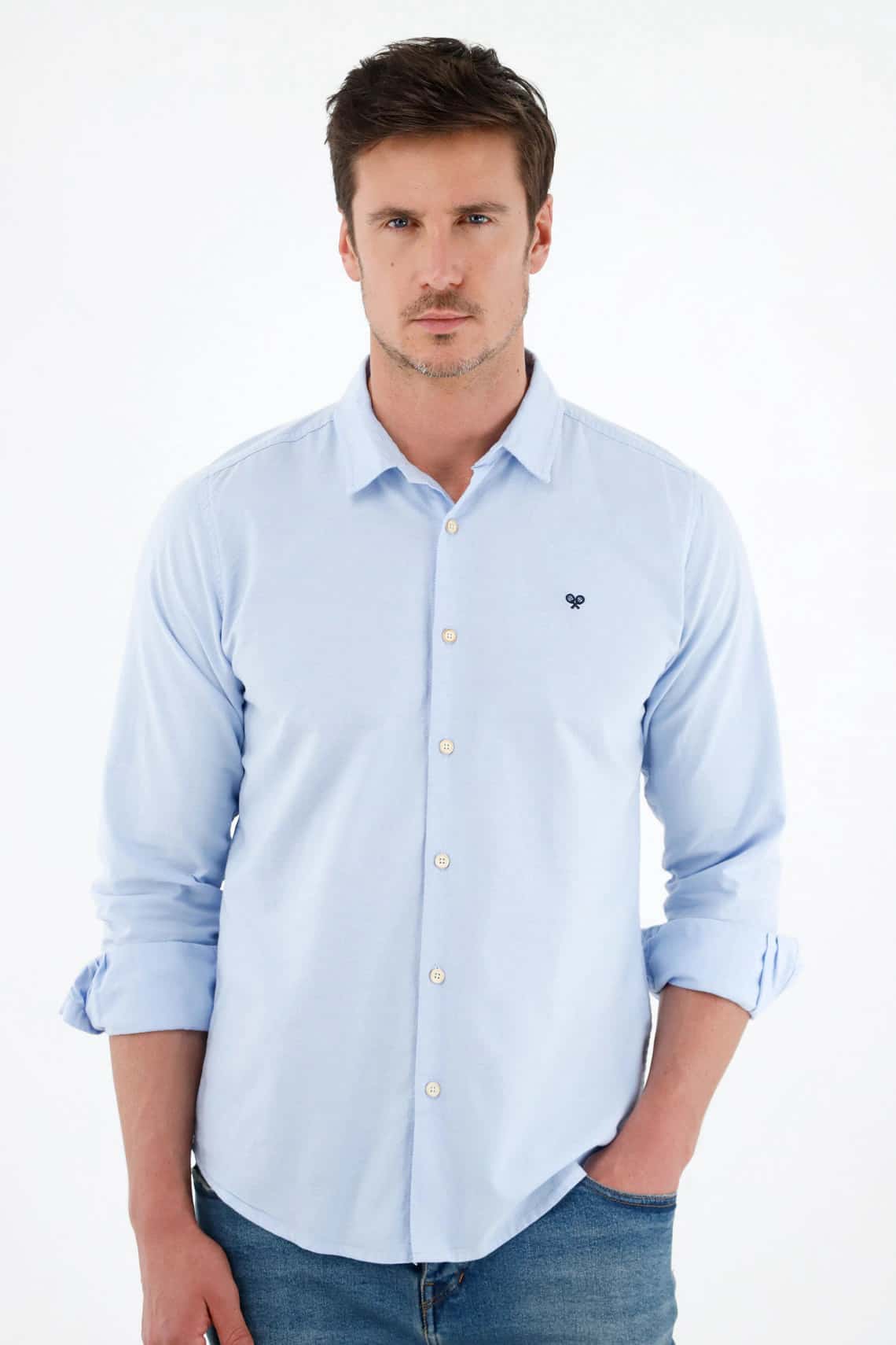 Camisa azul manga larga para hombre