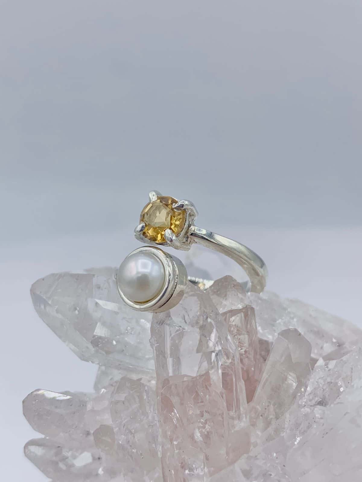 Anillo Doble Citrino y Perla mini Colección Armonía Dual