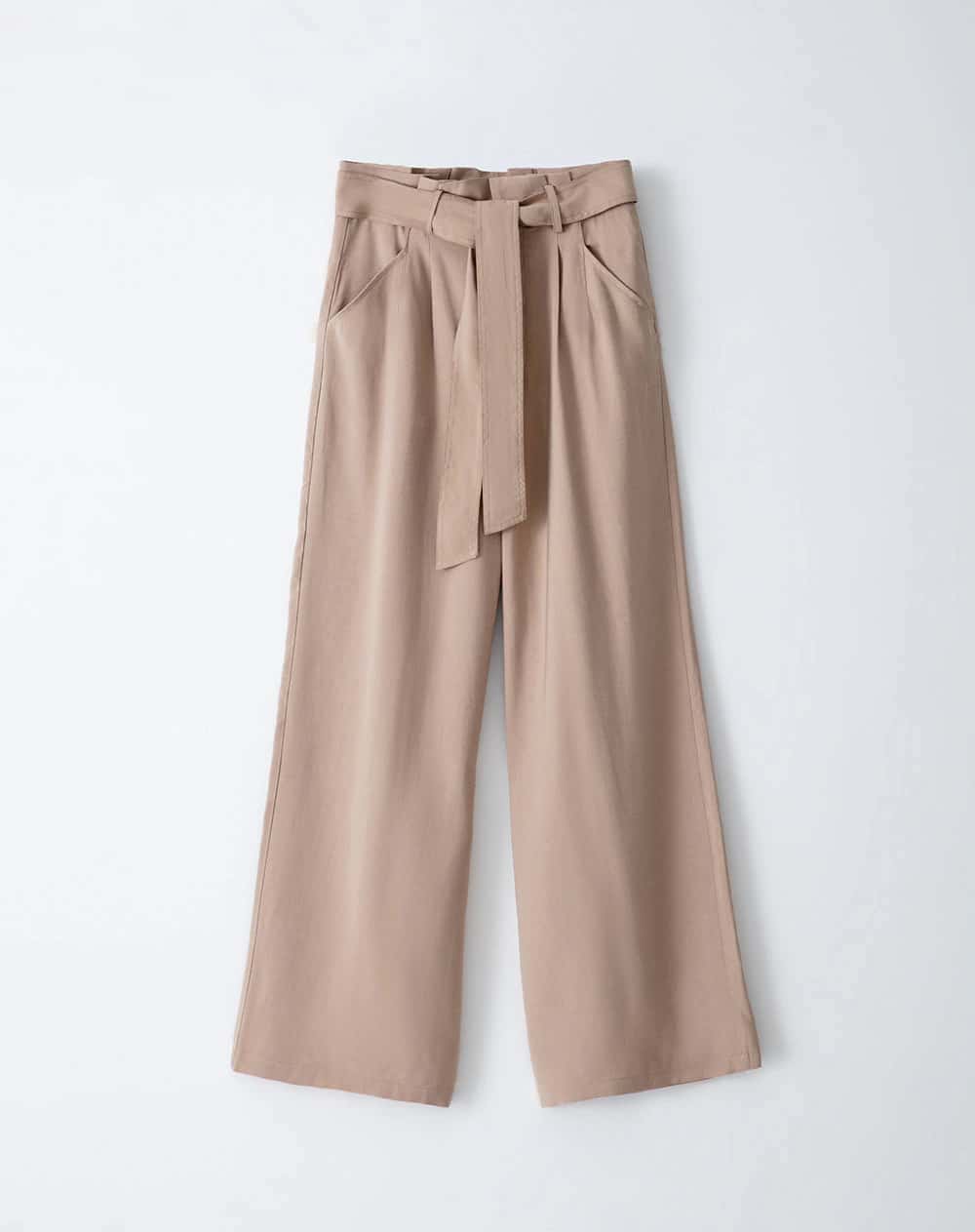 Pantalón palazzo tiro alto pliegues delanteros y cinturón caqui para mujer