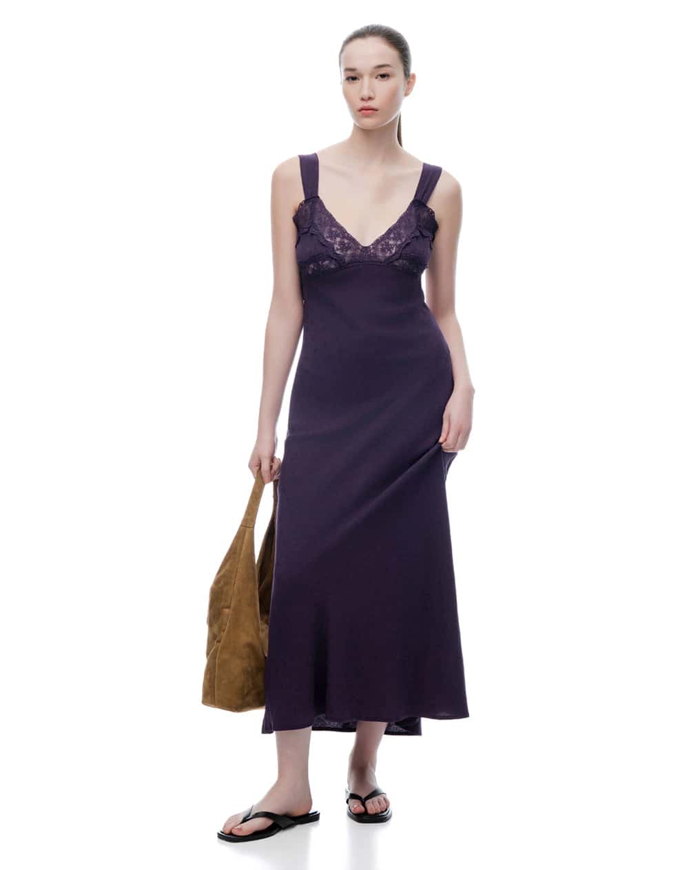 Vestido largo lencero encaje morado mujer