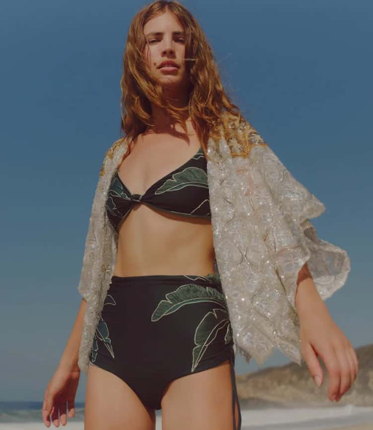 Victoria Hand Embroidered Bottom / Aquamarine Palms - Metallic Mint - miniatura 4