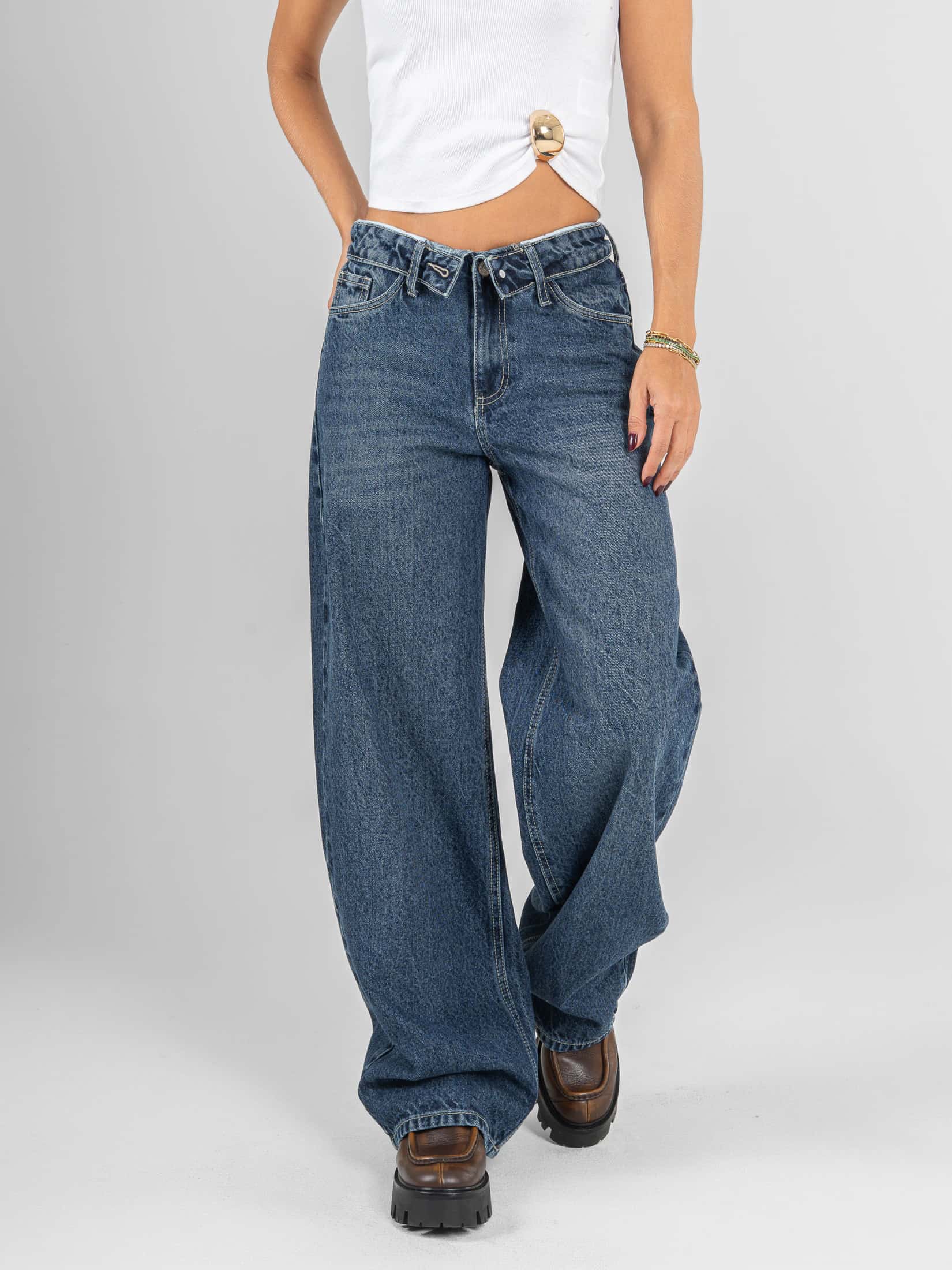 Ref: 066633 Jean wide leg, rígido, tiro medio, detalle en pretina, tono azul oscuro - miniatura 1