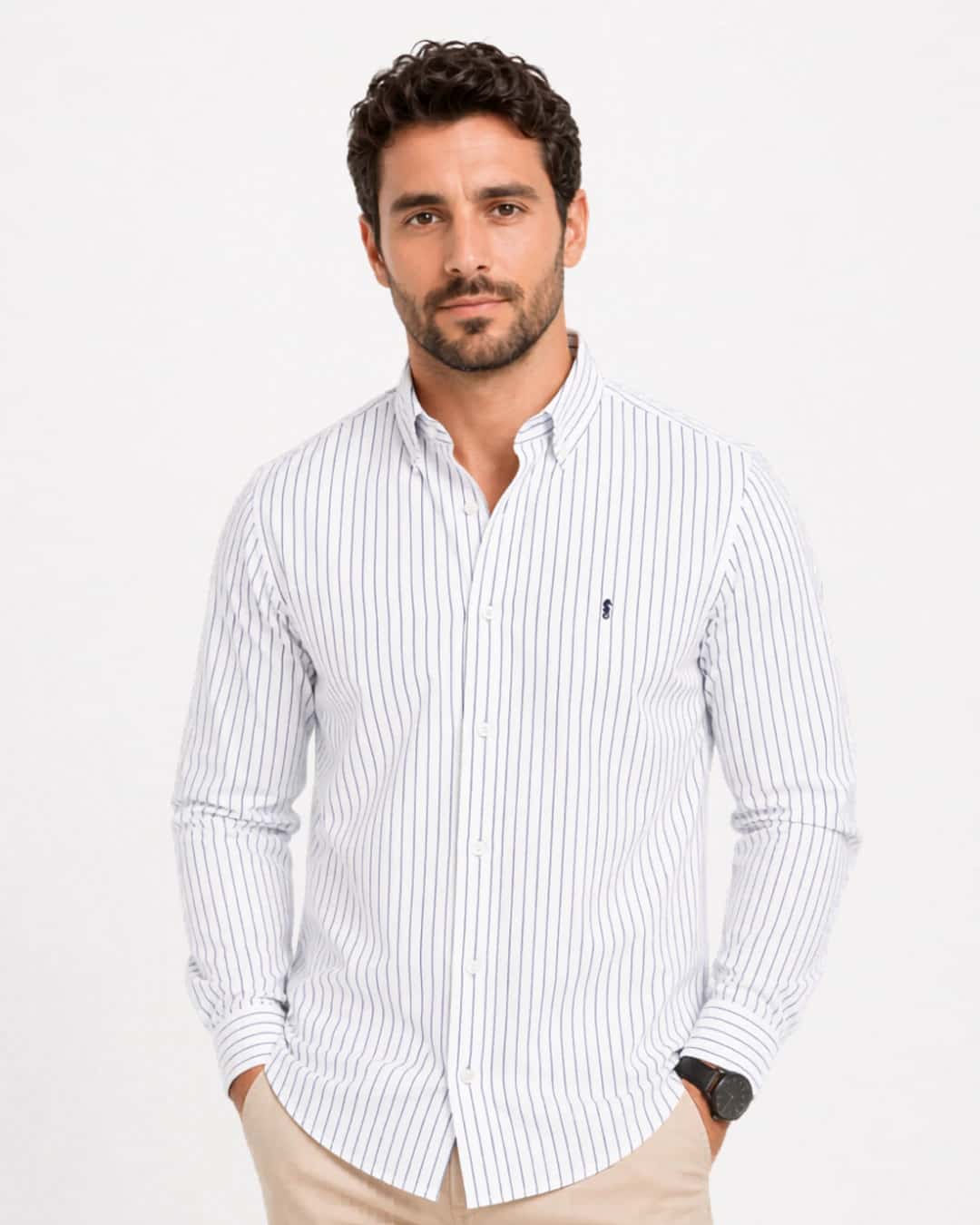 Camisa 100% Algodón Manga Larga Blanca Rayas Azul - miniatura 1