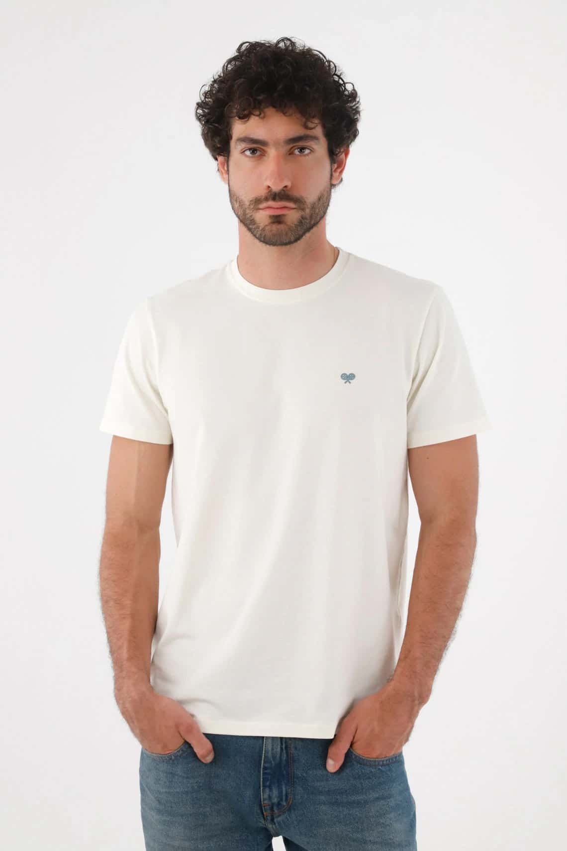 Camiseta para hombre de algodón crudo regular con mini raquetas en el pecho