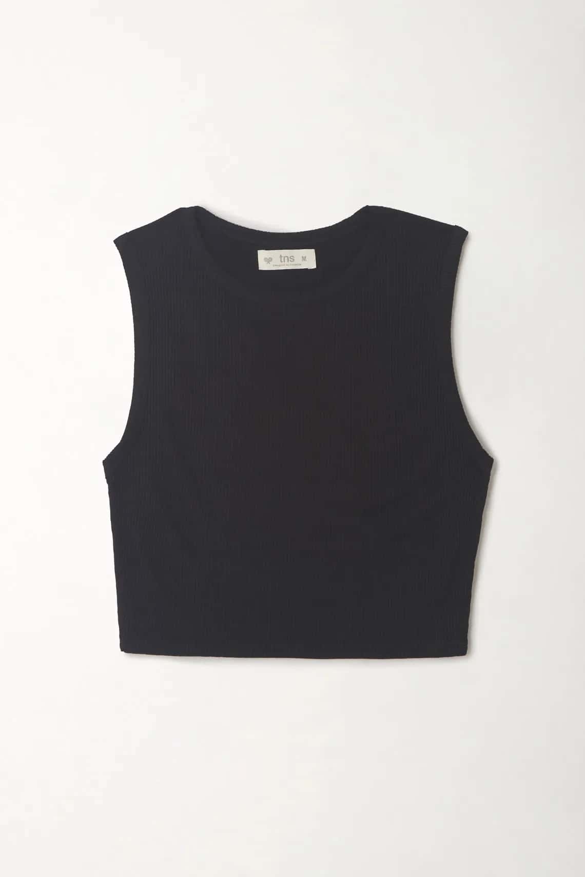 Camiseta crop manga sisa negra para mujer