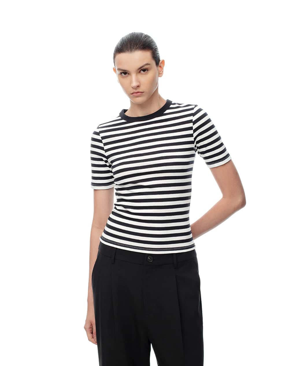 Camiseta slim rib algodón rayas mujer