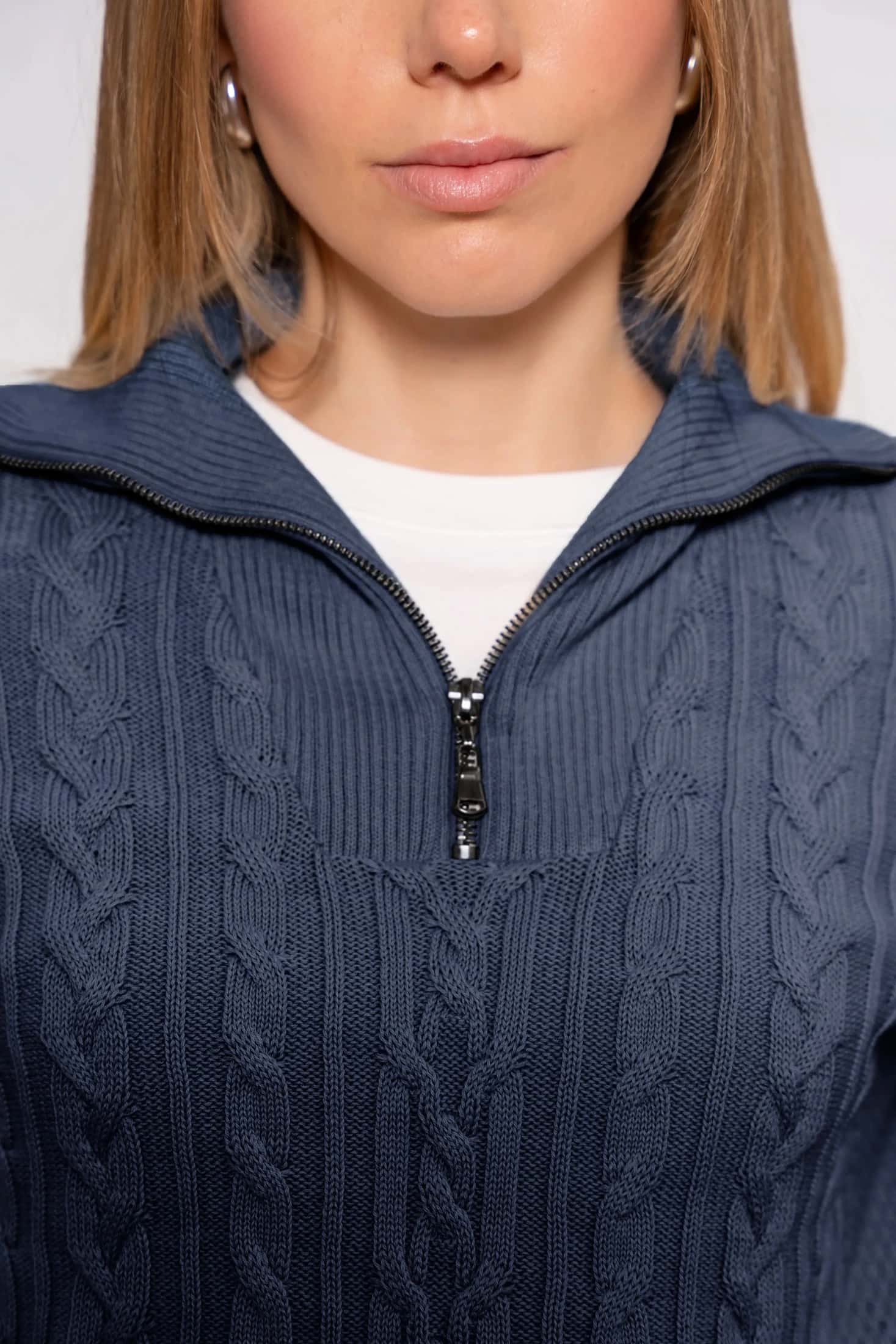 Suéter Halfzip Trenzado Algodón Mujer Azul Navy - miniatura 4