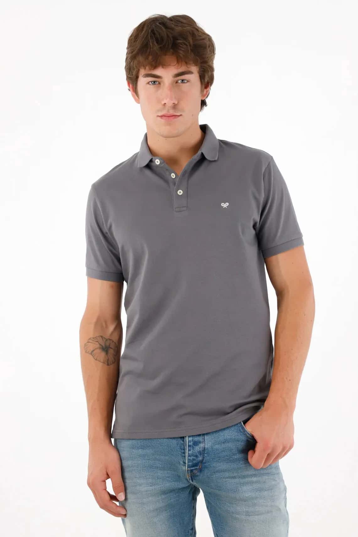 Polo con mini raqueta gris con acabado ligero para hombre