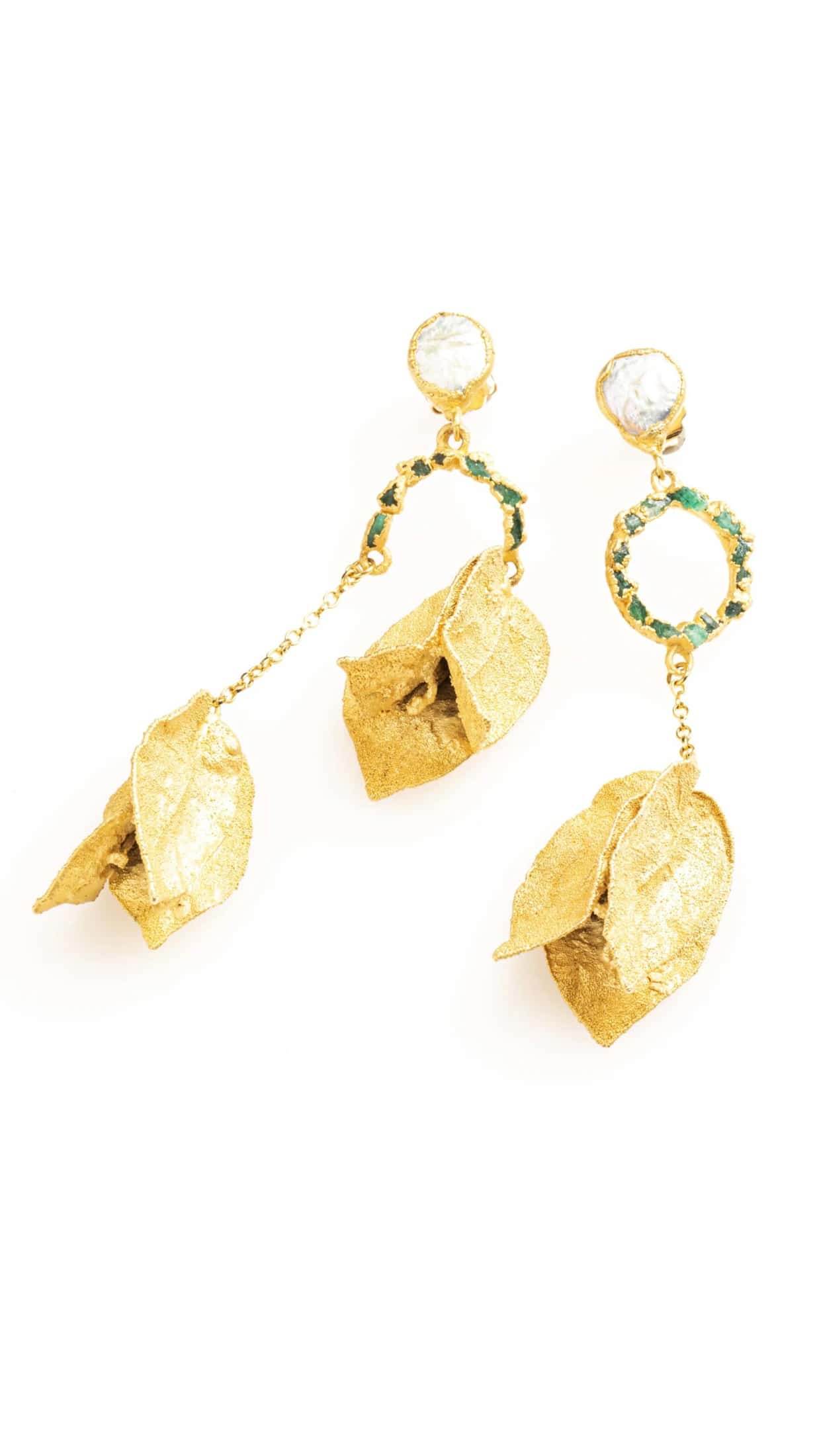 MISMATCHED BOUNGAINVILLEA MINI AND PEARL WITH ROUGH EMERALD EARRINGS