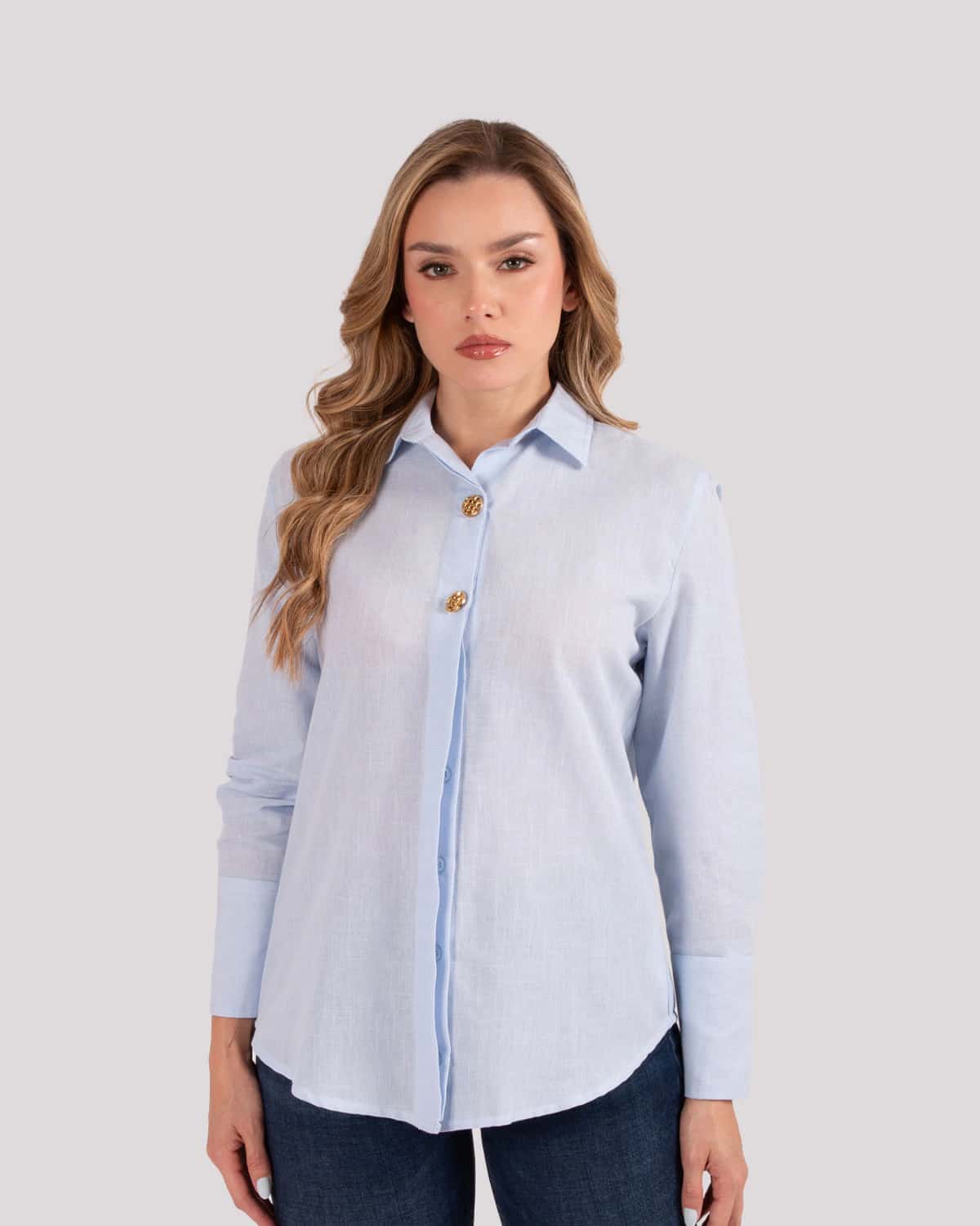 Camisa azul manga larga para mujer