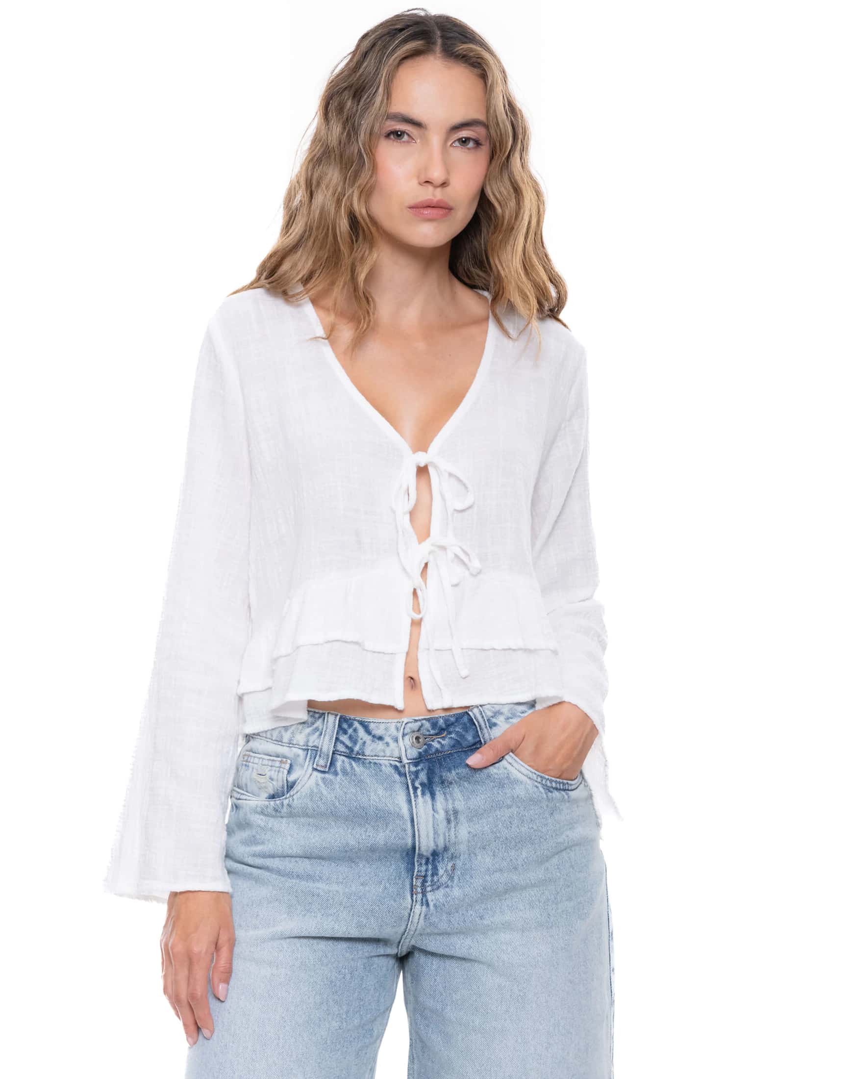 Camisa Manga Larga Cuello V Con Bolero Y Nudo Frontal