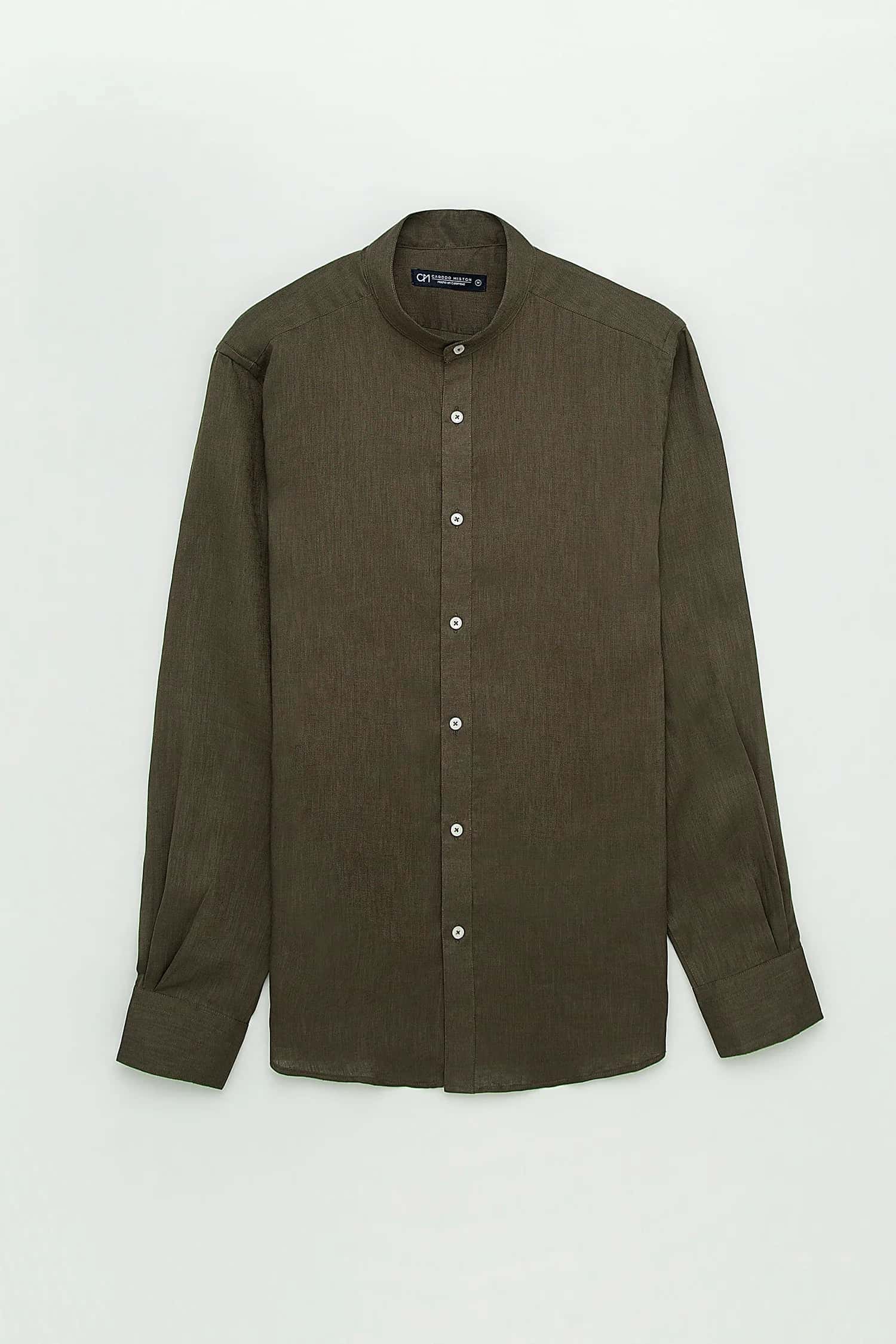 Camisa Cuello Mao Lino Verde Oliva