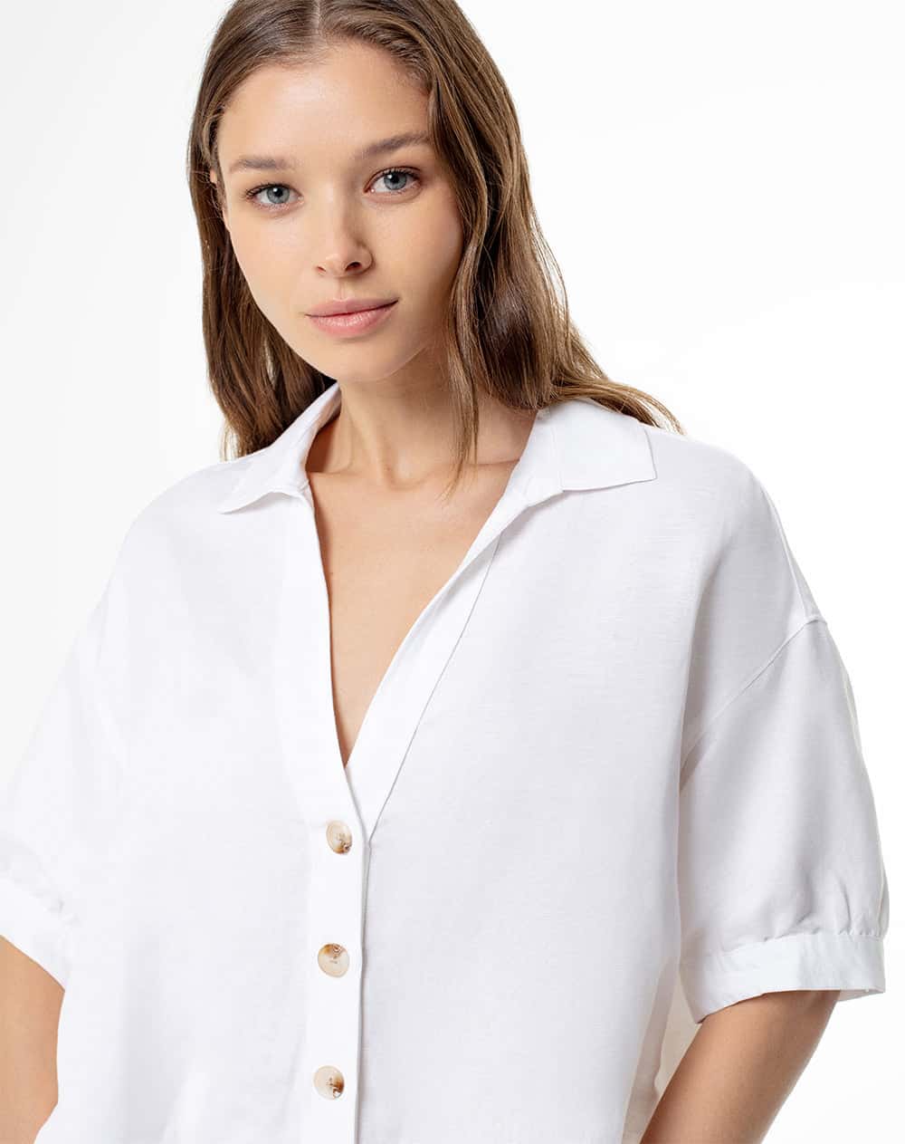 Camisa manga corta holgada lino blanca mujer
