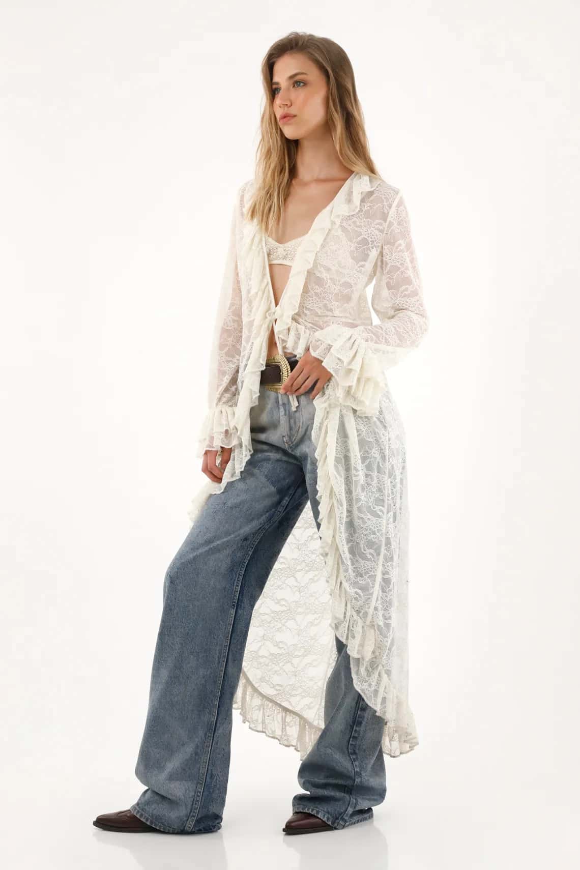 Kimono largo en encaje con boleros para mujer