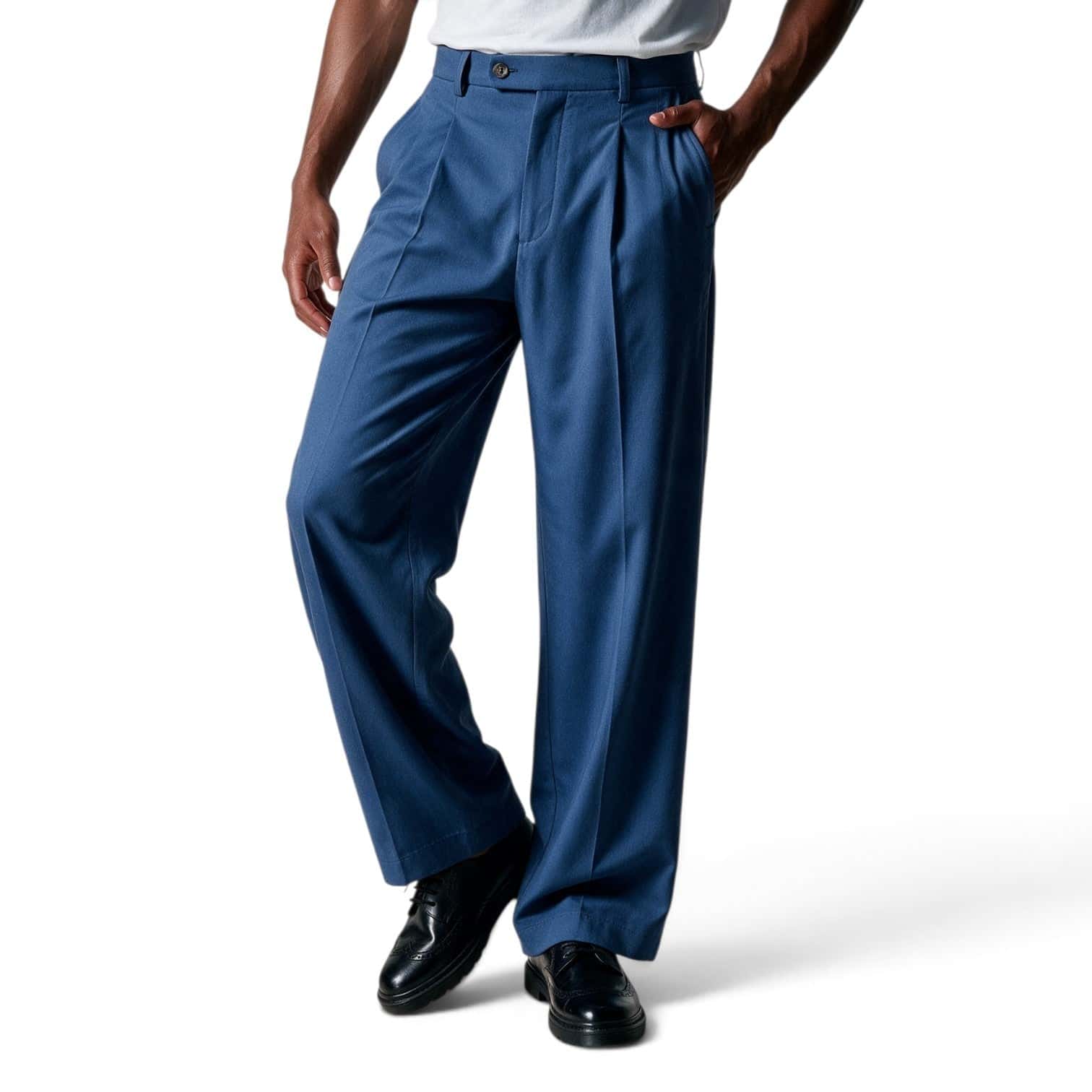 Pantalón azul con pretina cruzada bota ancha