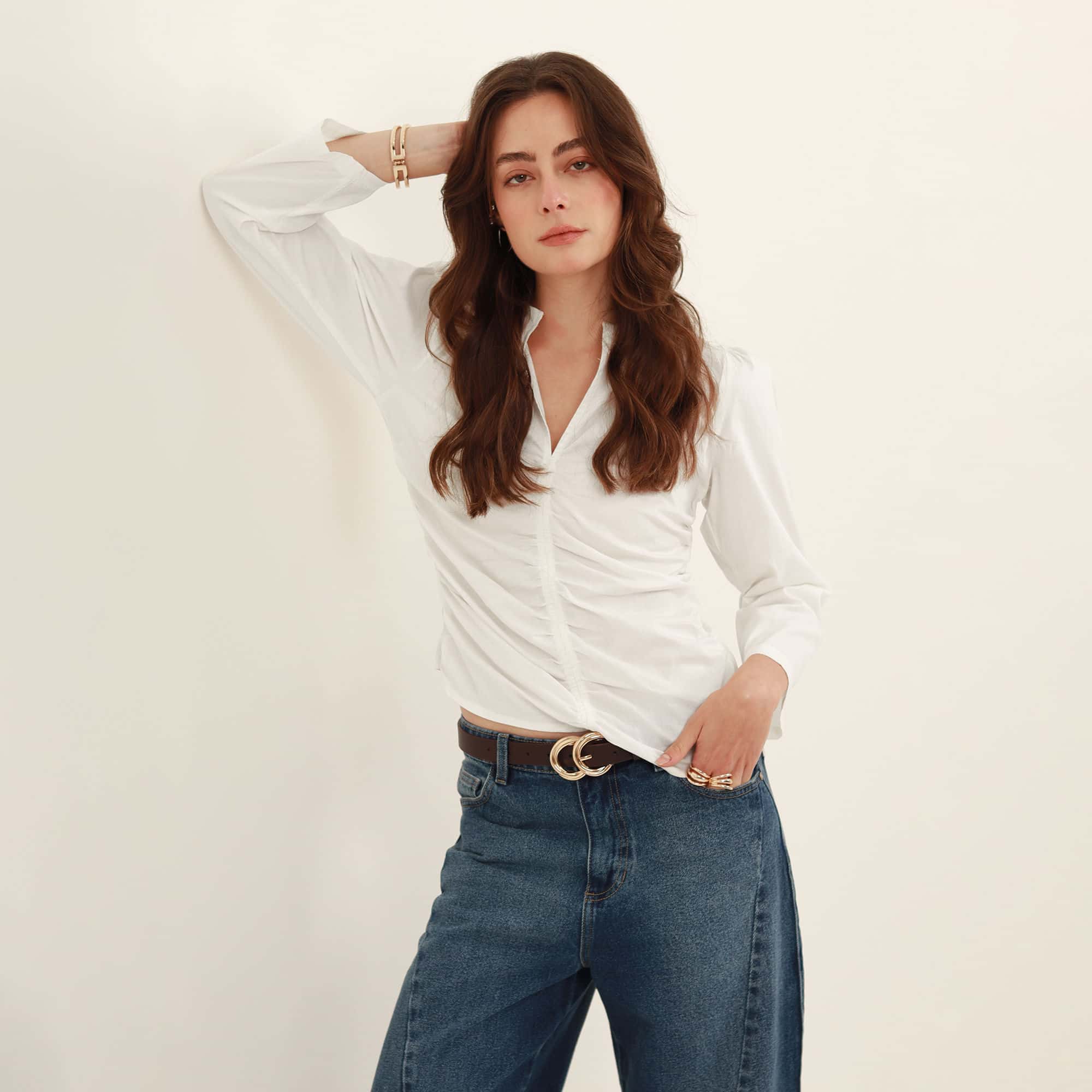 Blusa con recogido cuello en v manga 3/4