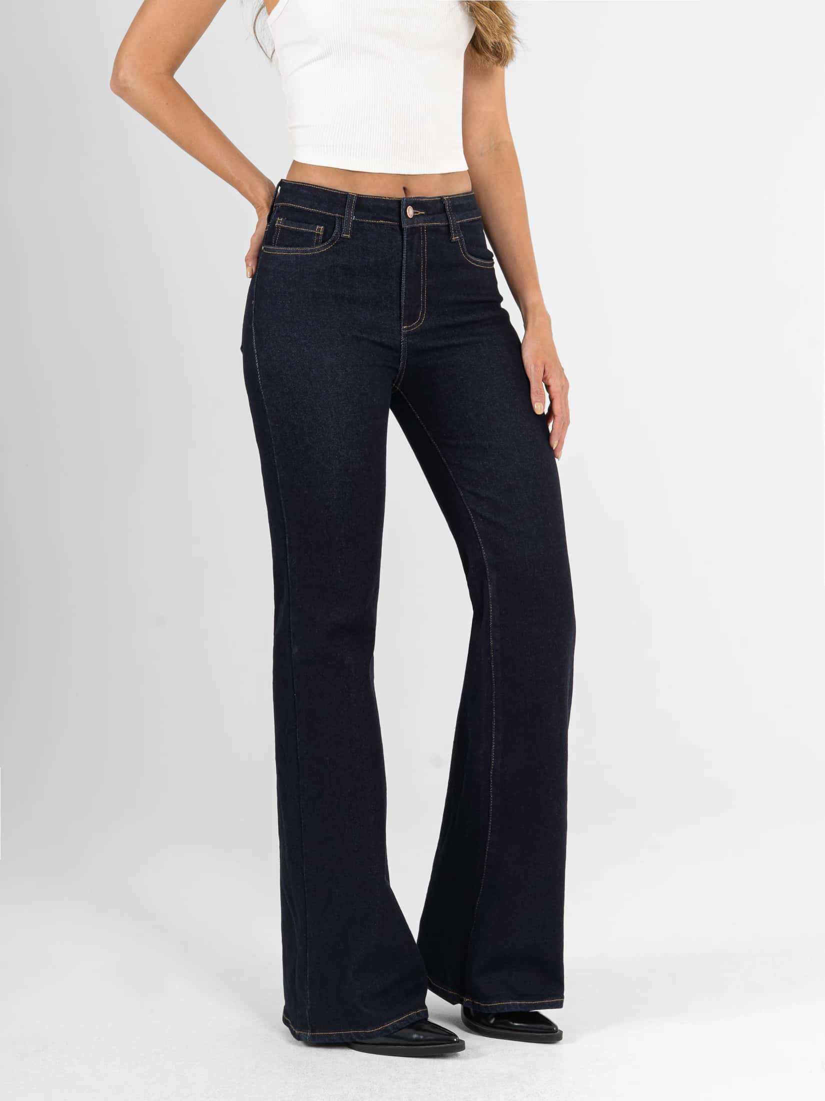 Ref: 066621 Jean flare stretch, bota ancha, tiro alto, tono azul oscuro - miniatura 1