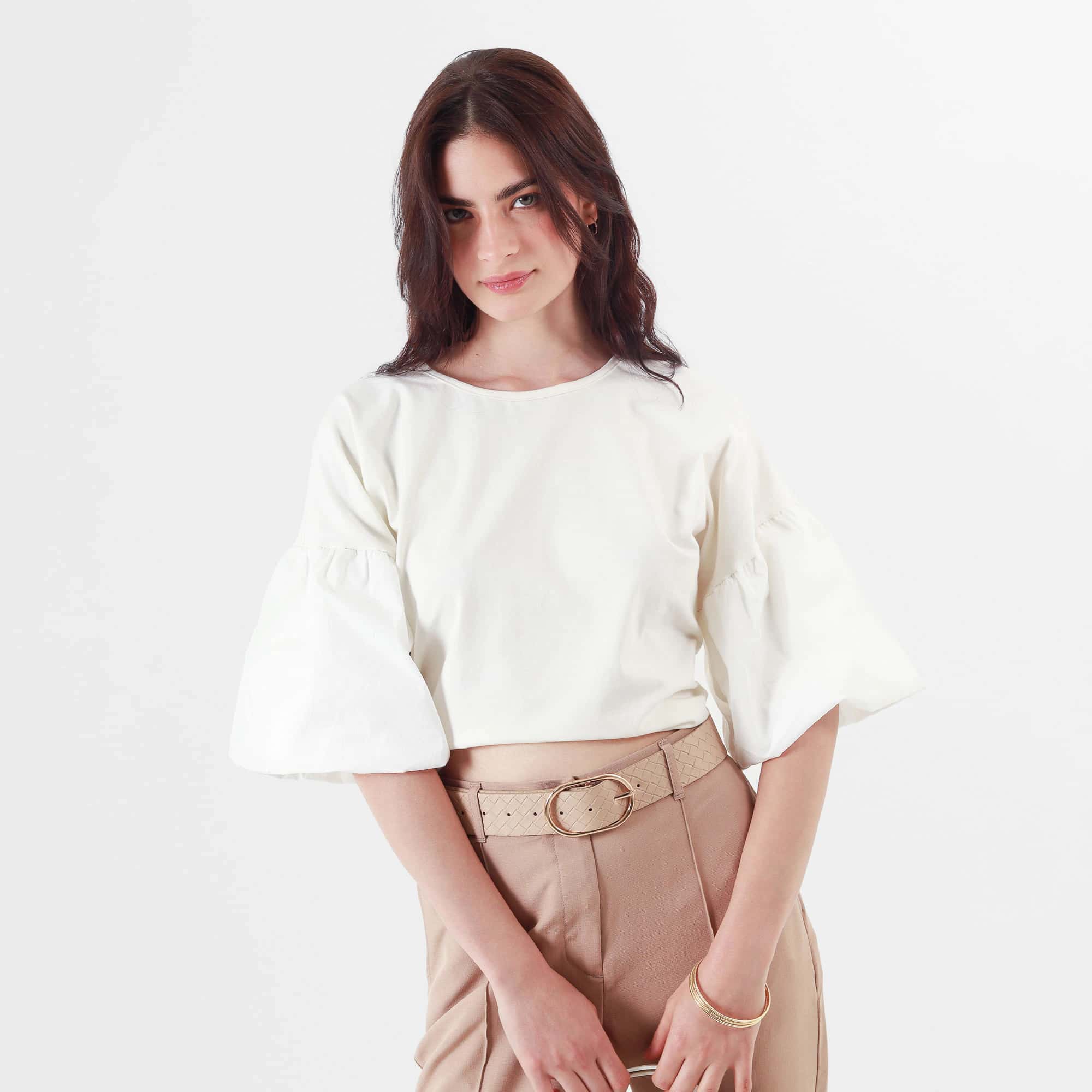 Camiseta crop ancha cuello redondo manga 3/4 para anudar en cintura