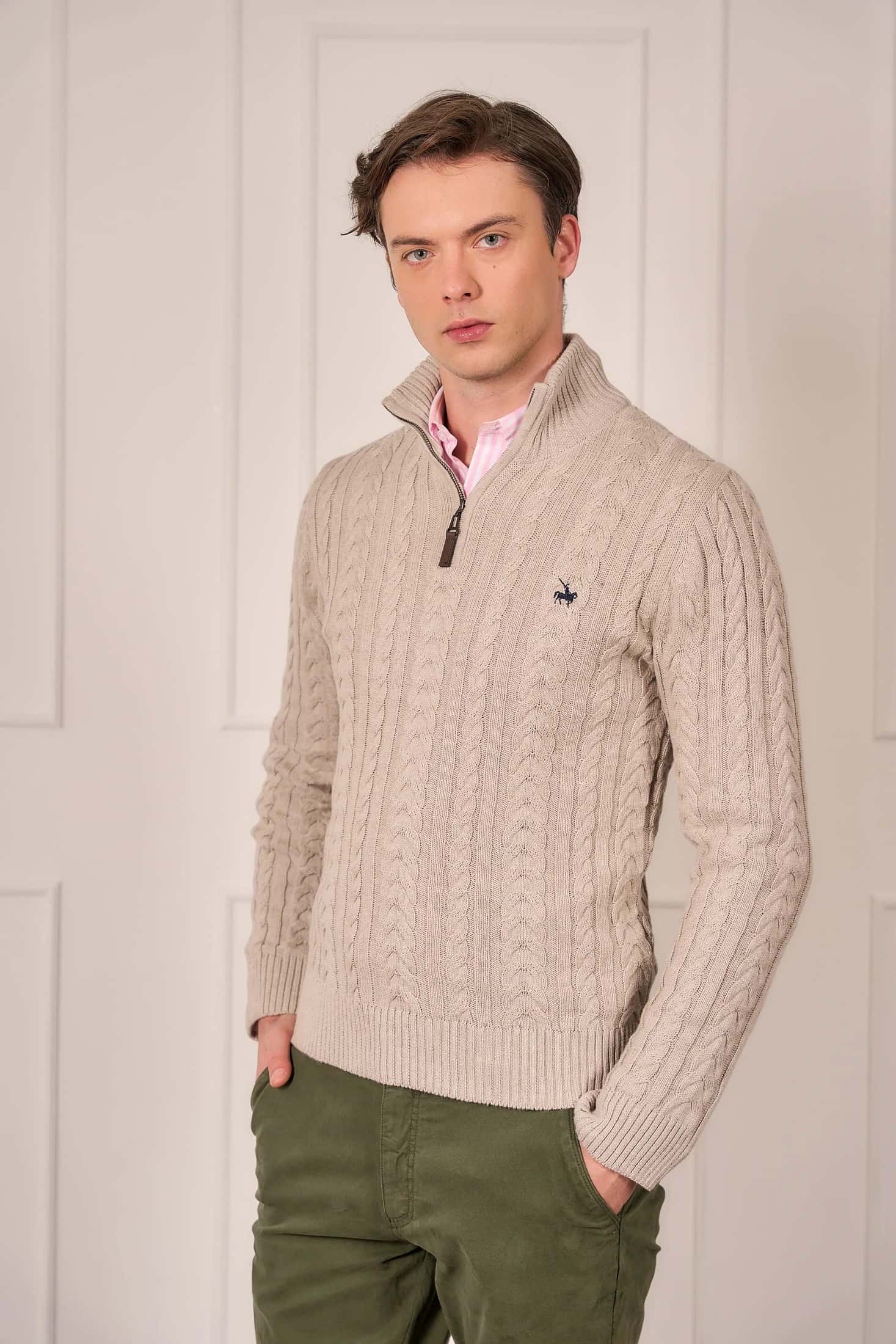 Suéter Halfzip Trenzado Rib Hombre Arena