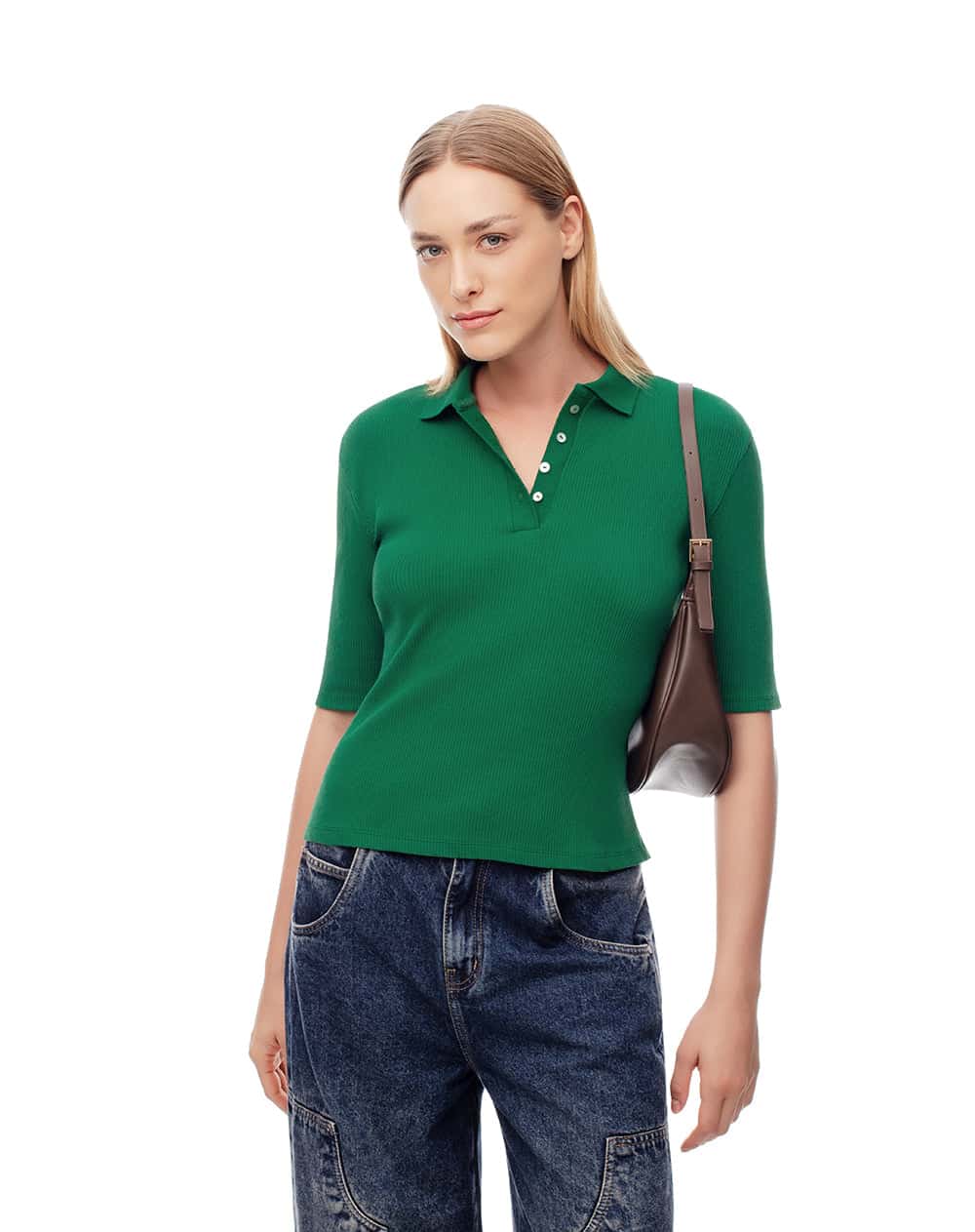 Polo slim tejido de punto algodón verde mujer