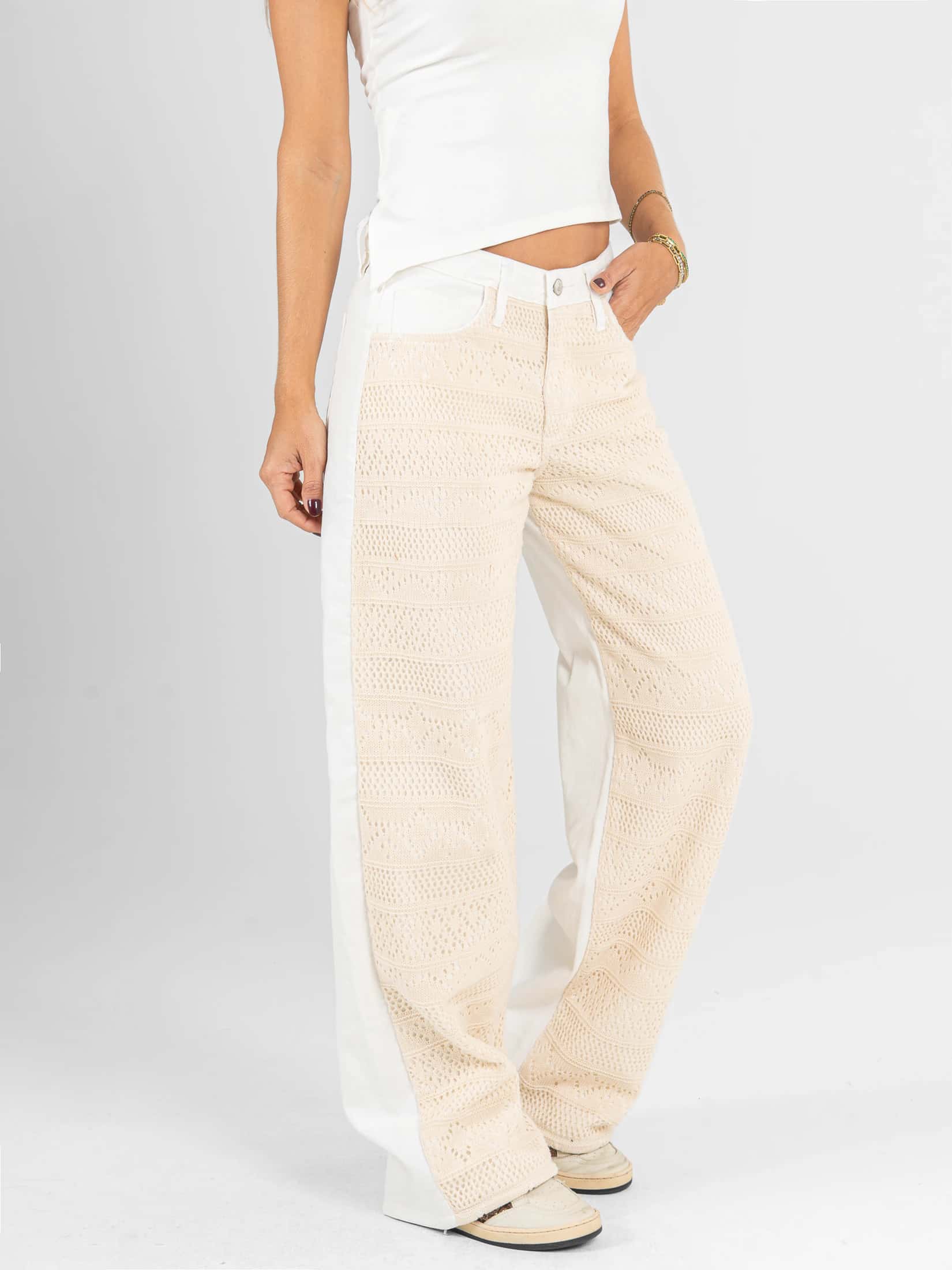 Ref: 0620686 Pantalón wide leg, rígido, tiro alto, con diseño delantero en crochet, tono natural. - miniatura 4
