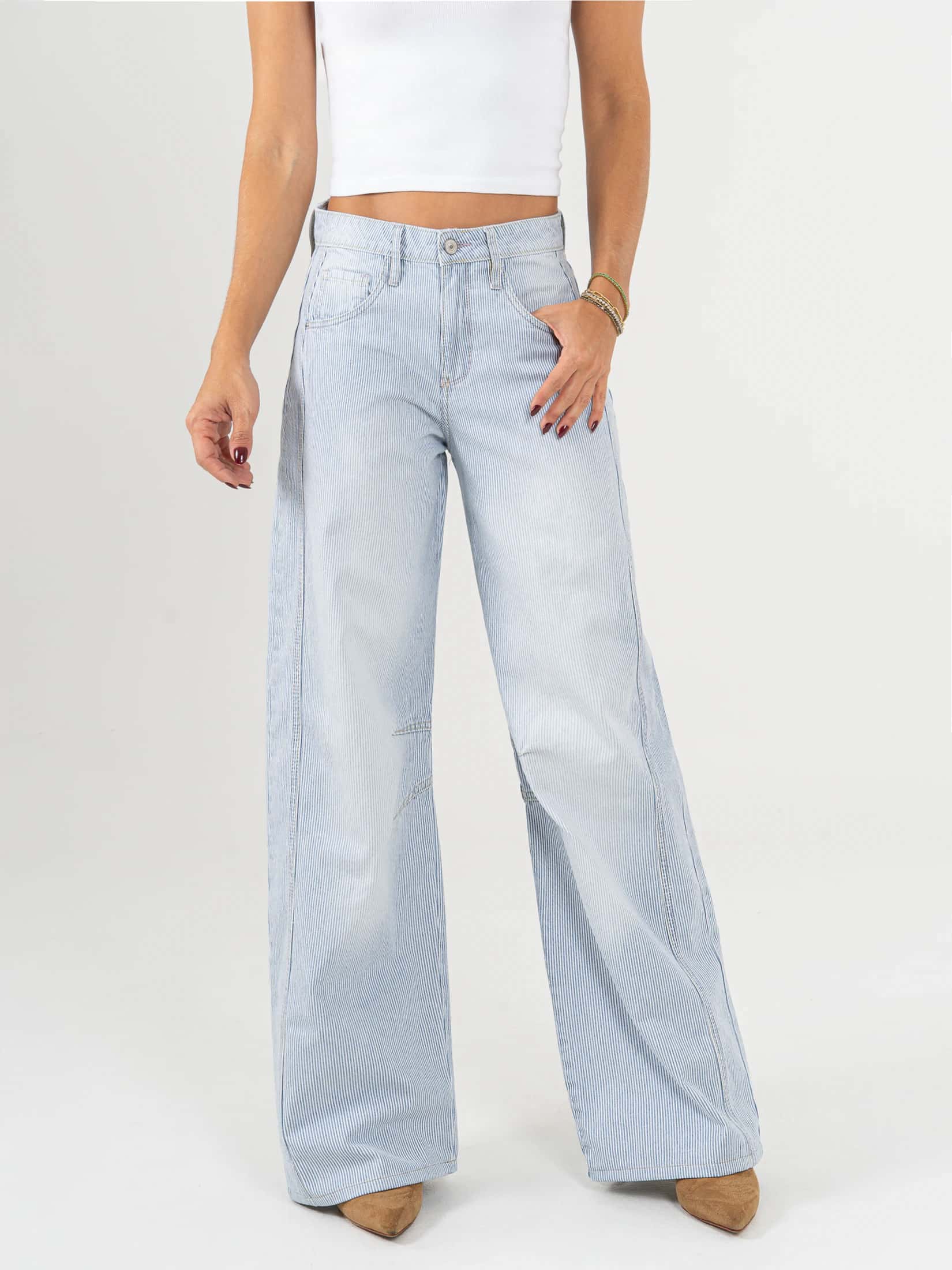 Ref: 066089 Jean wide leg, rayas, rígido, tiro alto, tono azul, pinzas en pierna