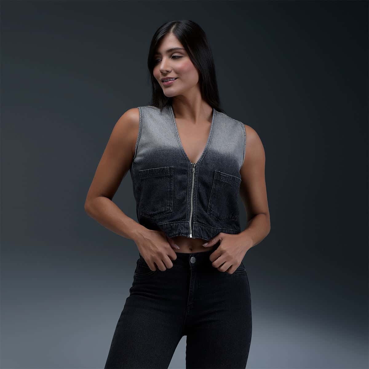 Chaleco Denim Gris Mujer