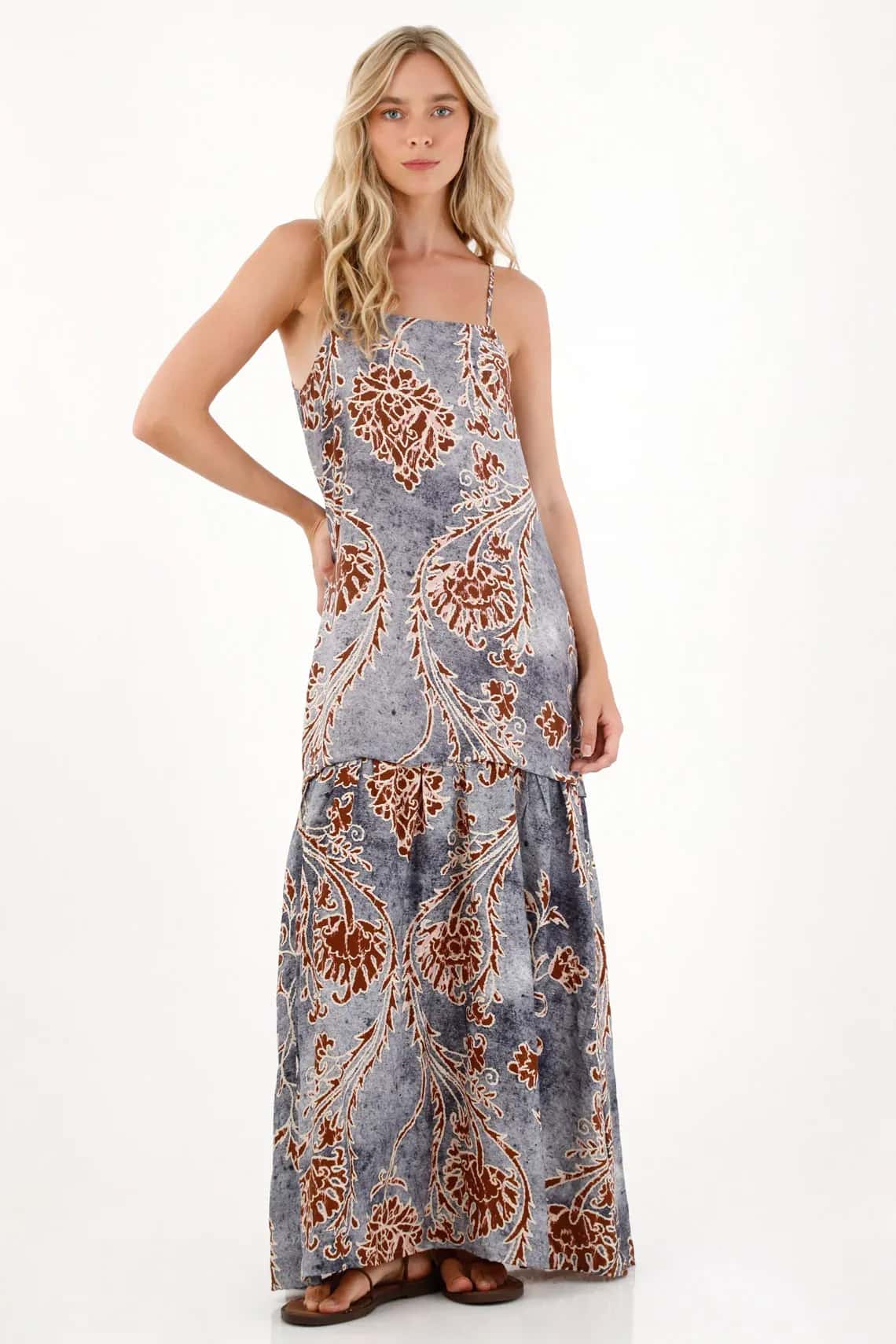 Vestido largo estampado con textura ligera para mujer de silueta ajustada