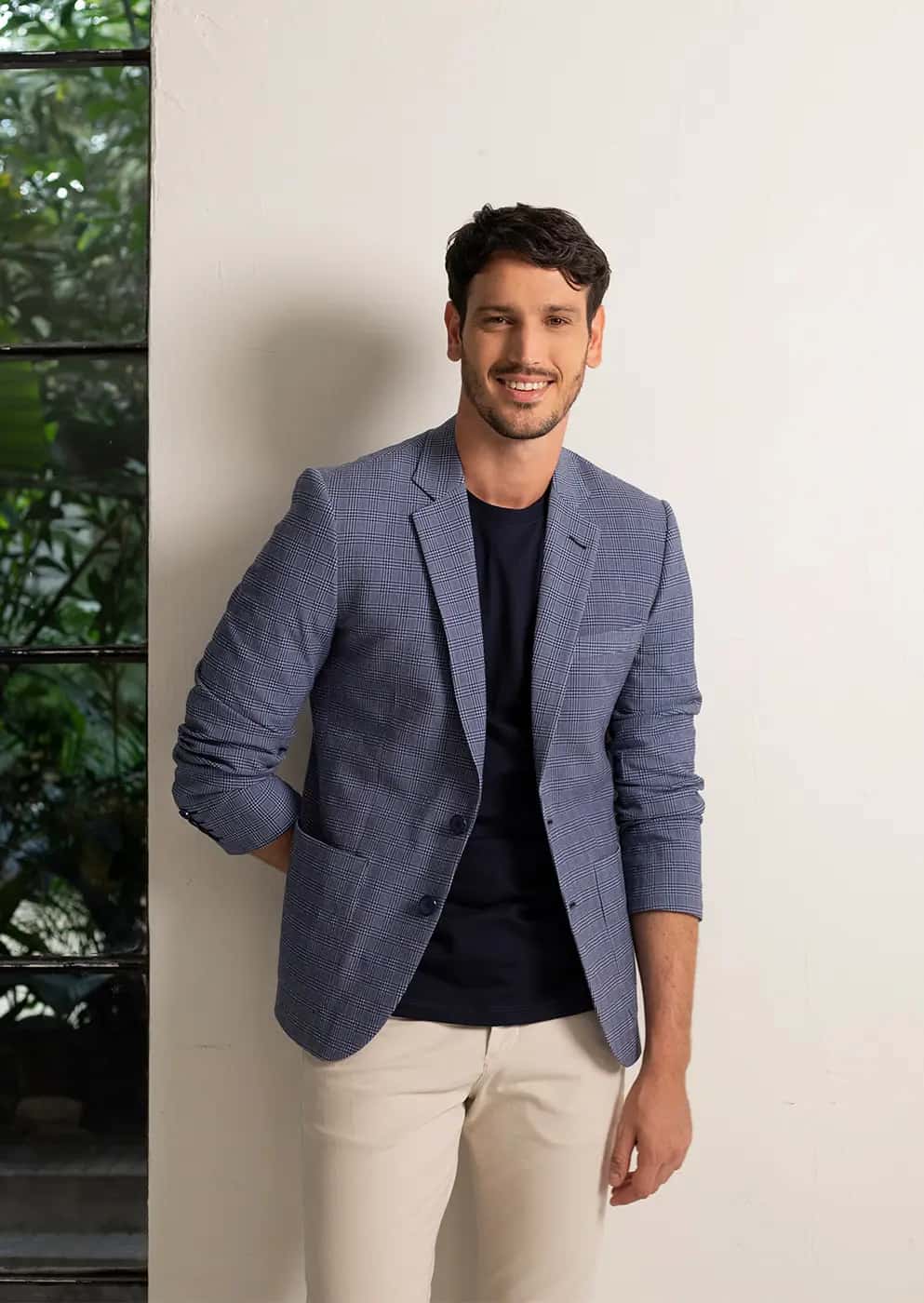 Blazer Classic Fit Paño Cuadros Azul Medio