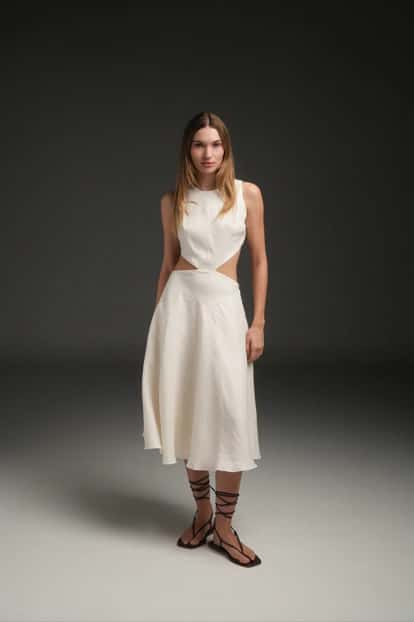 IVORY MARIA LINEN MIDI DRESS