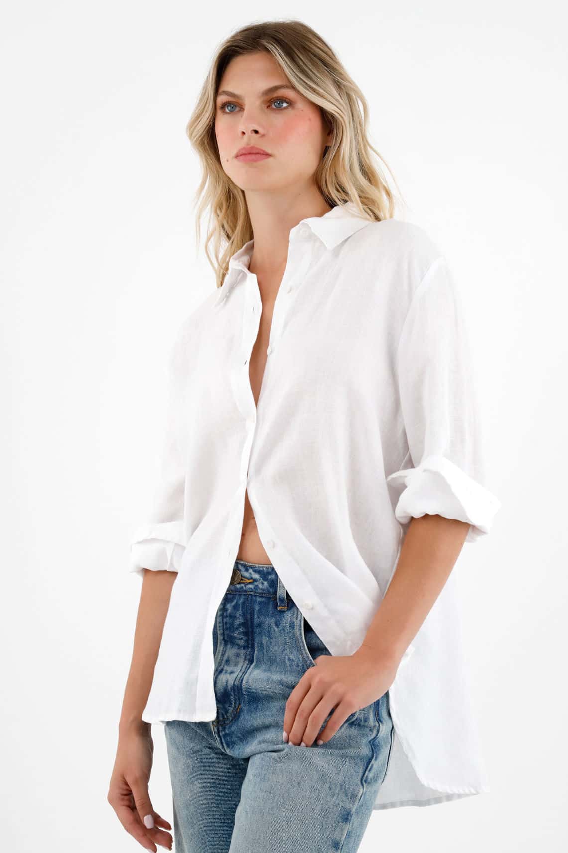 Camisa 100% lino manga larga blanca para mujer