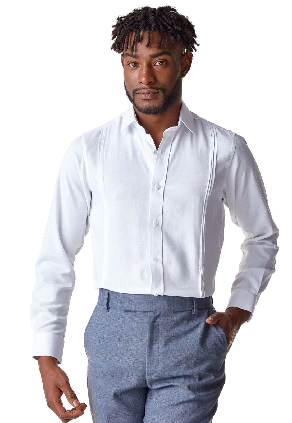 Guayabera blanca manga larga con alforzas
