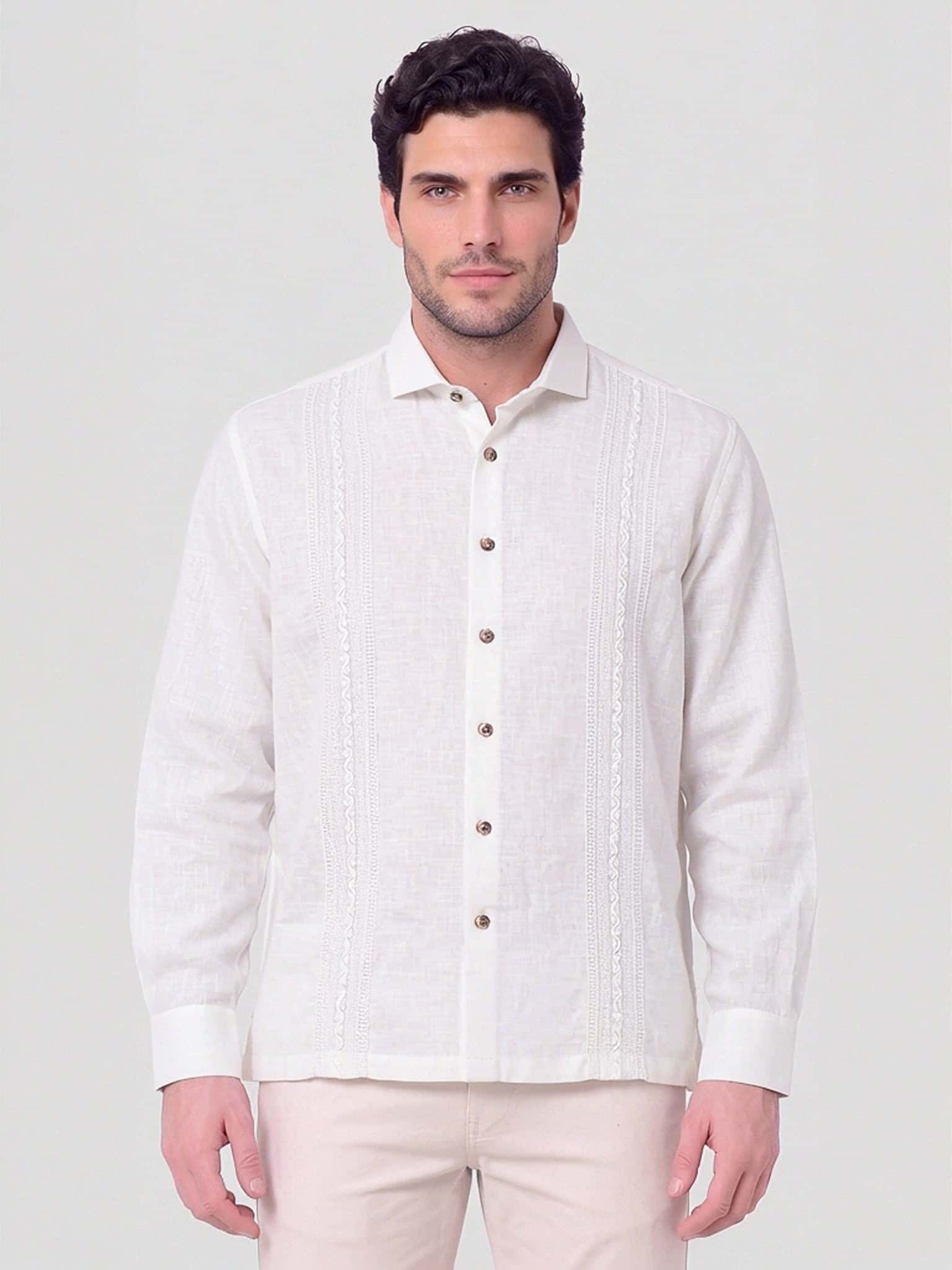 Guayabera en lino bordada manga larga para hombre Js 010126007