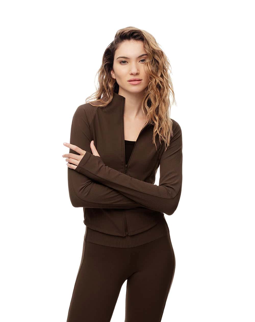 Chaqueta slim tejido de punto chocolate mujer