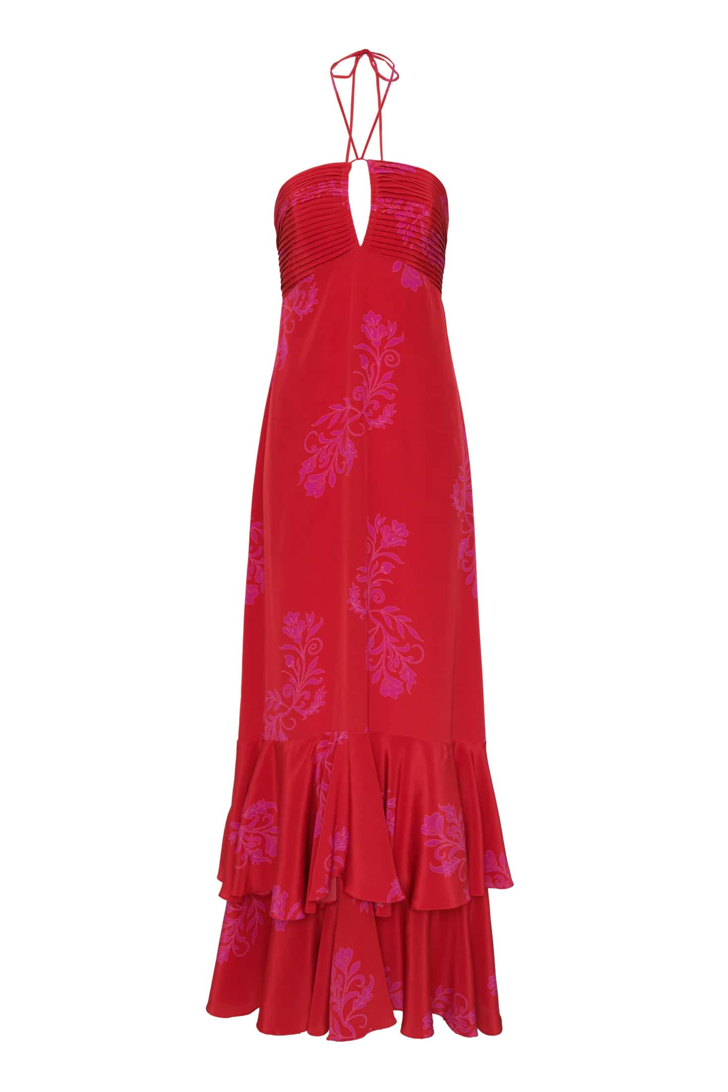Sevillana Silk Crepe Maxi Dress /  Red & Fuchsia Buganvilias
