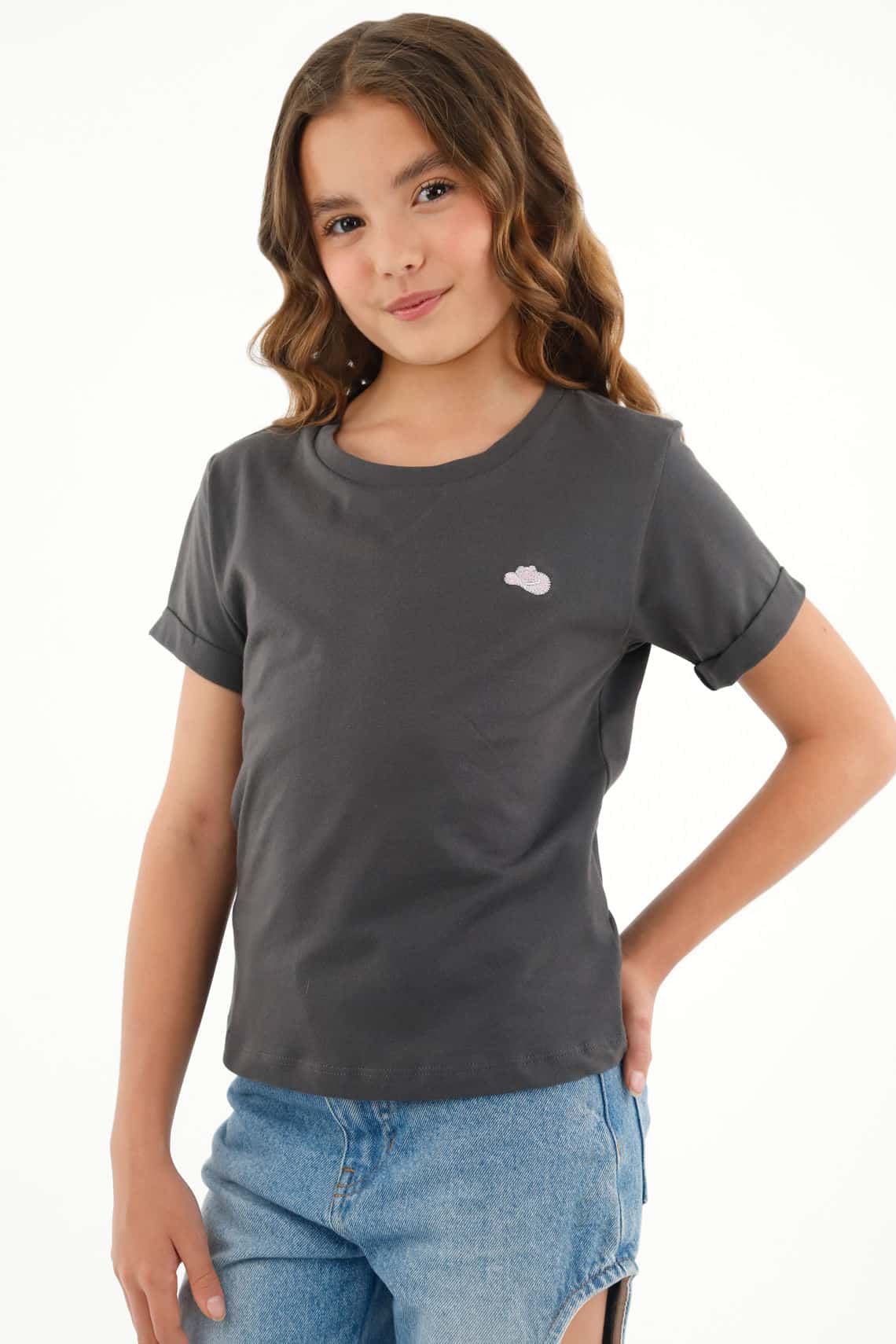 Camiseta gris con mini bordado para niña
