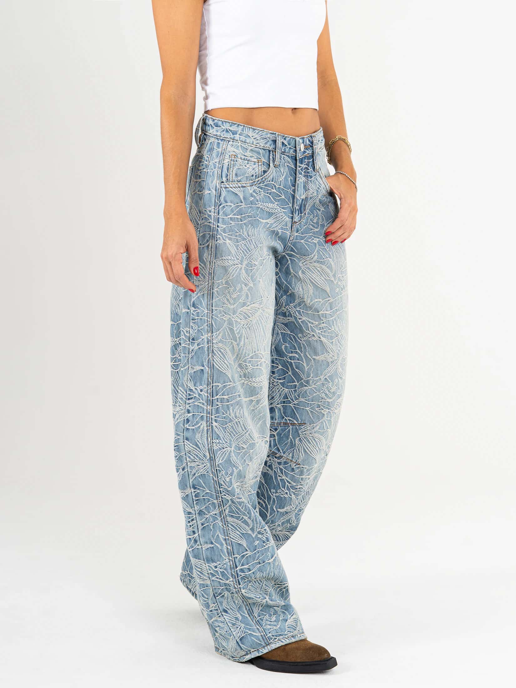 Ref: 066598 Jean wide leg, tiro alto, detalle de tela bordada, rígido, tono azul medio - miniatura 4