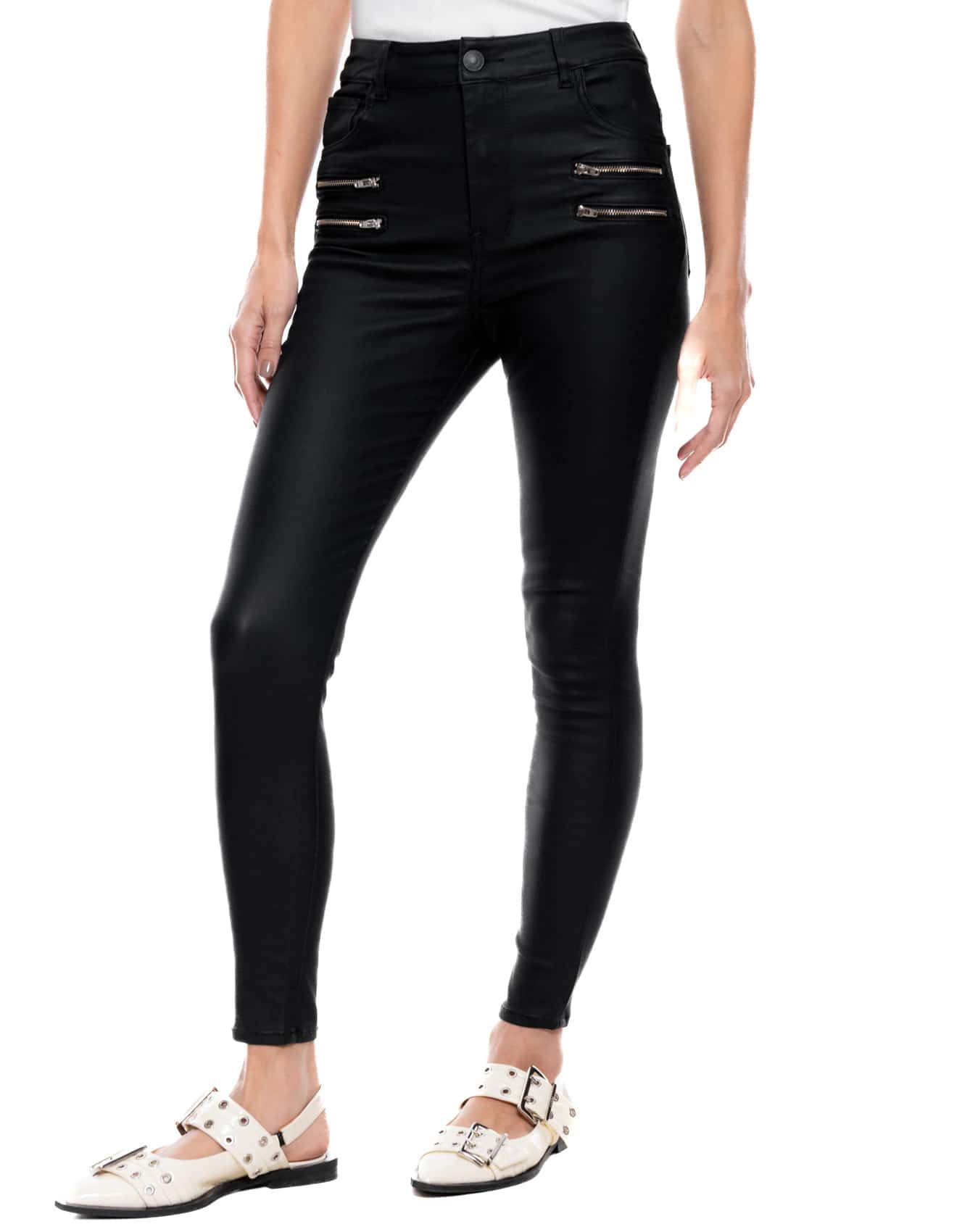 Pantalón Efecto Cuero Con Cierres Decorativos