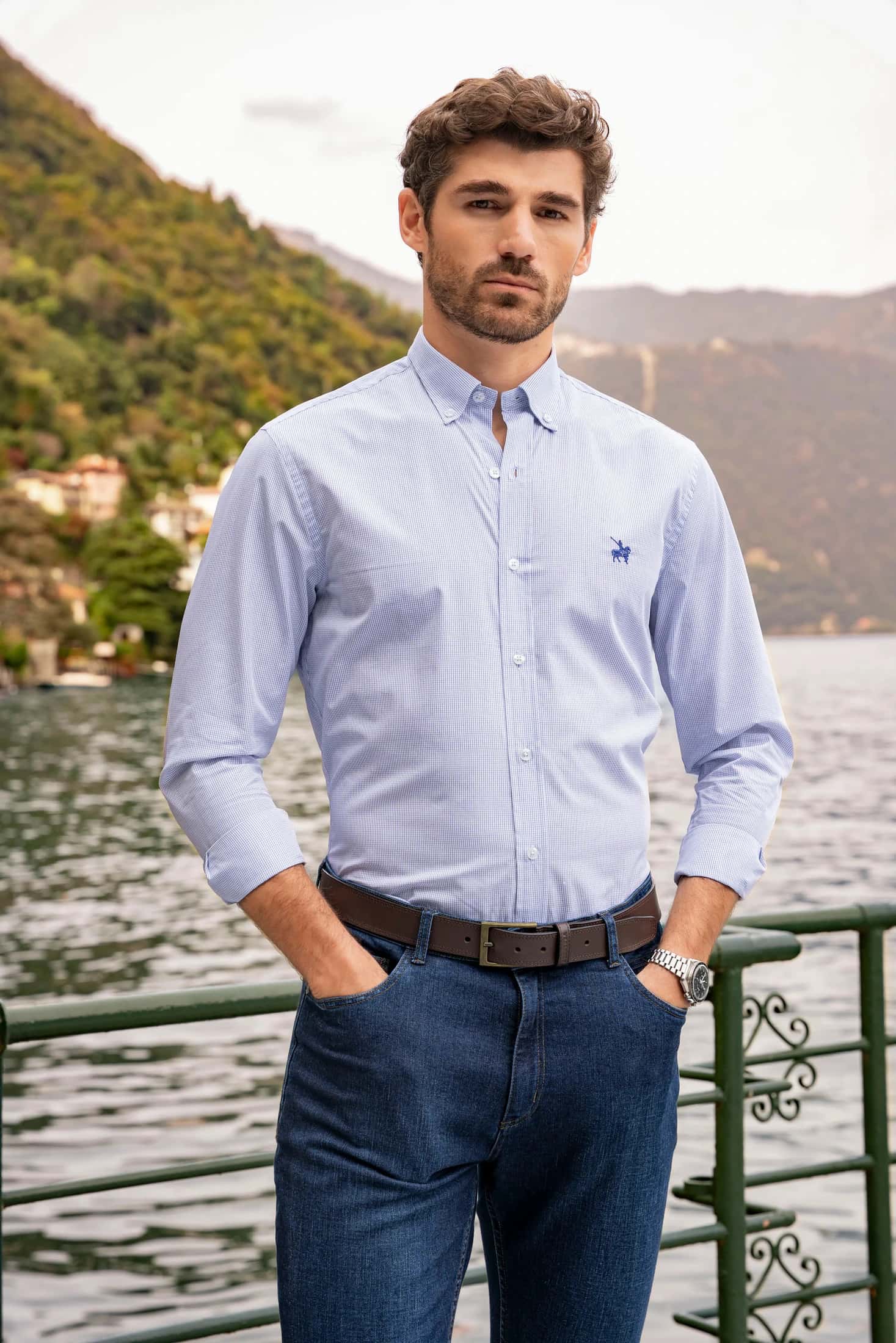 Camisa Twill Cuadros Hombre Azul medio - miniatura 5